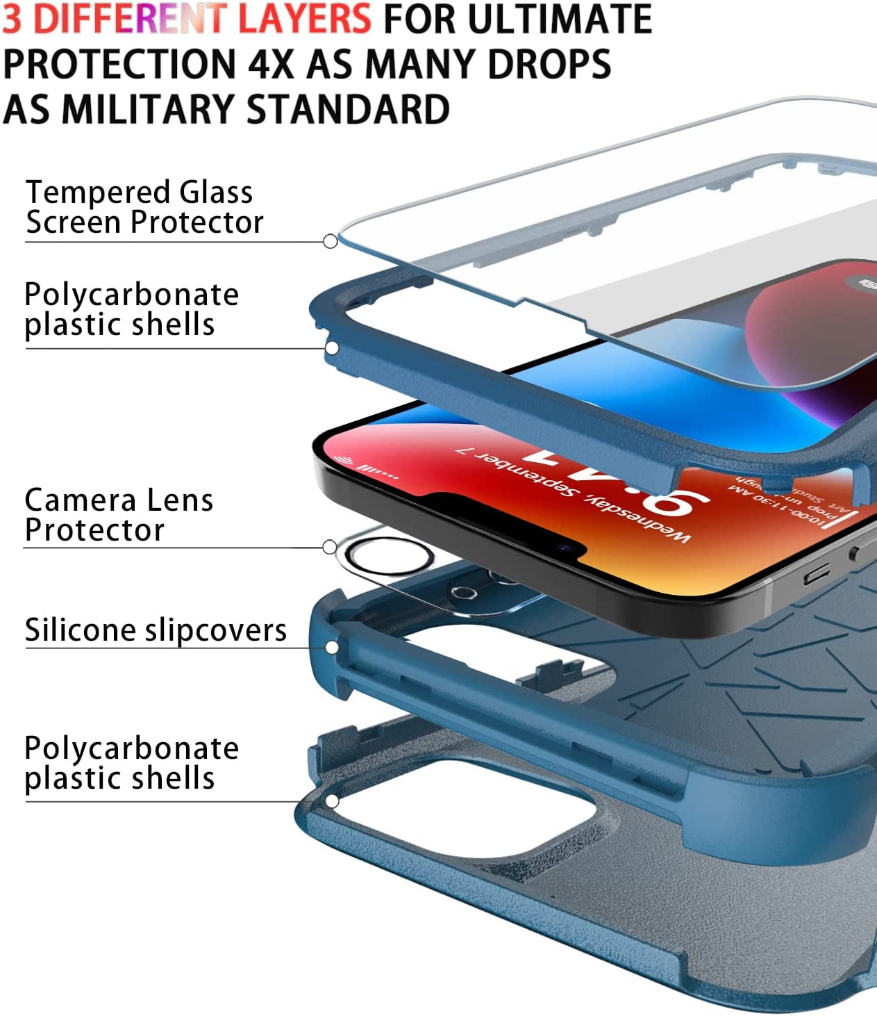 Diverbox for Iphone 14 Case [Shockproof] [Dropproof] [Tempered Glass Screen + Camera Lens Protector],Heavy Duty Protection Phone Case Cover for Apple Iphone 14 (Blue)  DiverBox   