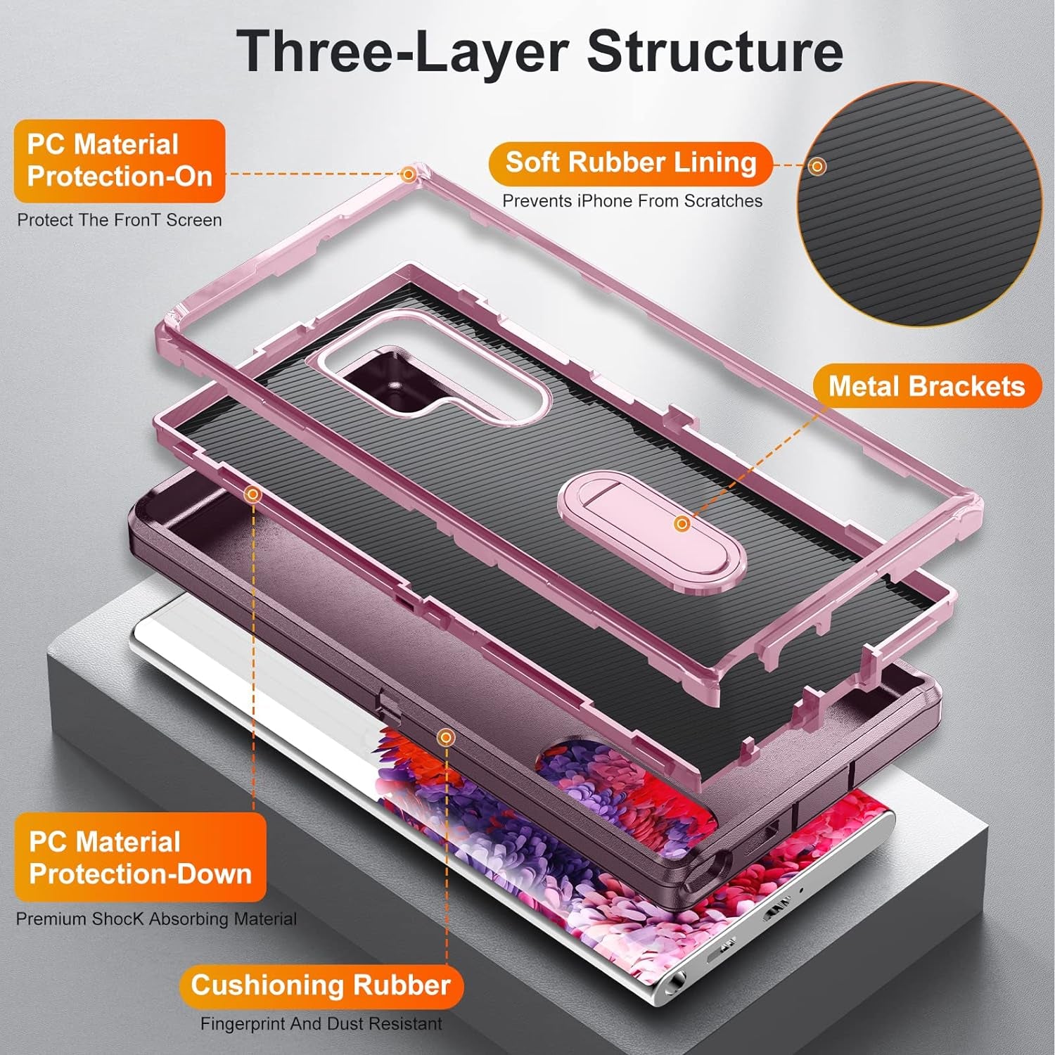 Fucozan for Samsung Galaxy S22 Ultra Case with Kickstand Case 3-Layer Military Grade Protective Case Cover Silicone Heavy Duty Rugged Shockproof for Galaxy S22 Ultra Phone Case (Purple Red+Pink)  Fucozan   