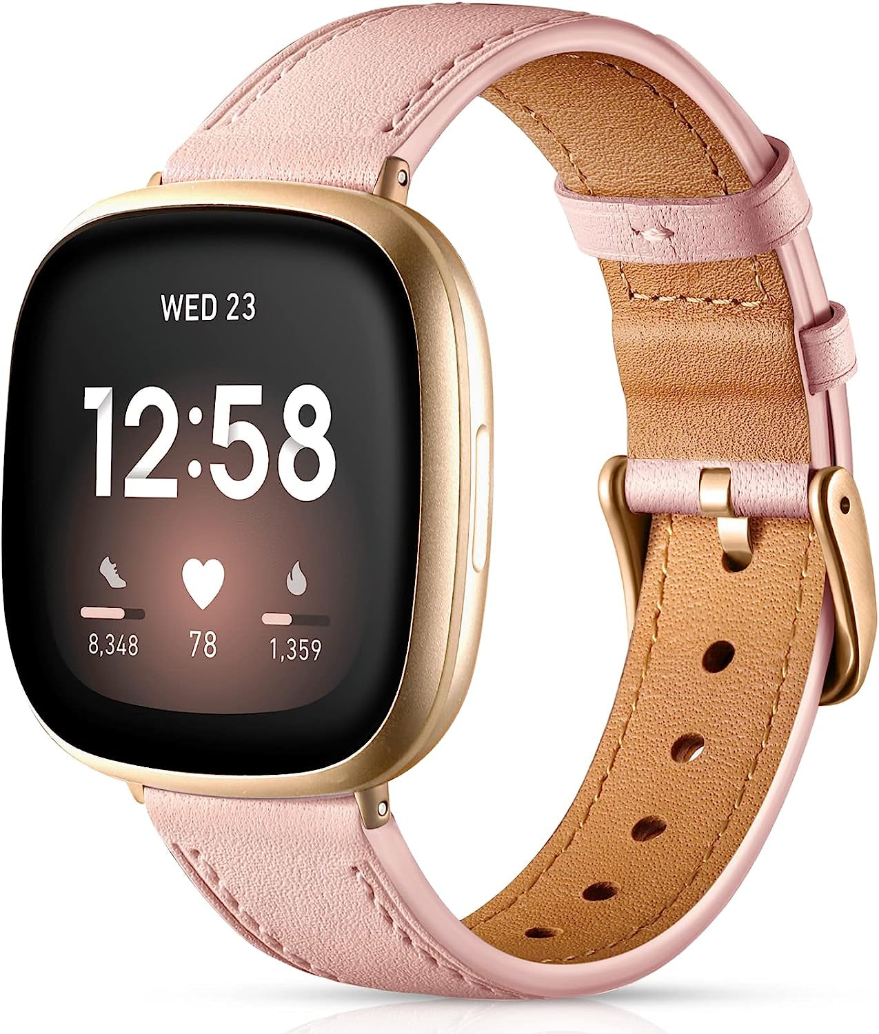 Maledan Compatible with Fitbit Sense/Fitbit Versa 3 Bands for Women Men, Soft Genuine Leather Band Slim Strap Replacement Accessory Wristband for Fitbit Versa 3/Versa 4/Sense 2/Sense Smartwatch, Pink  Maledan   