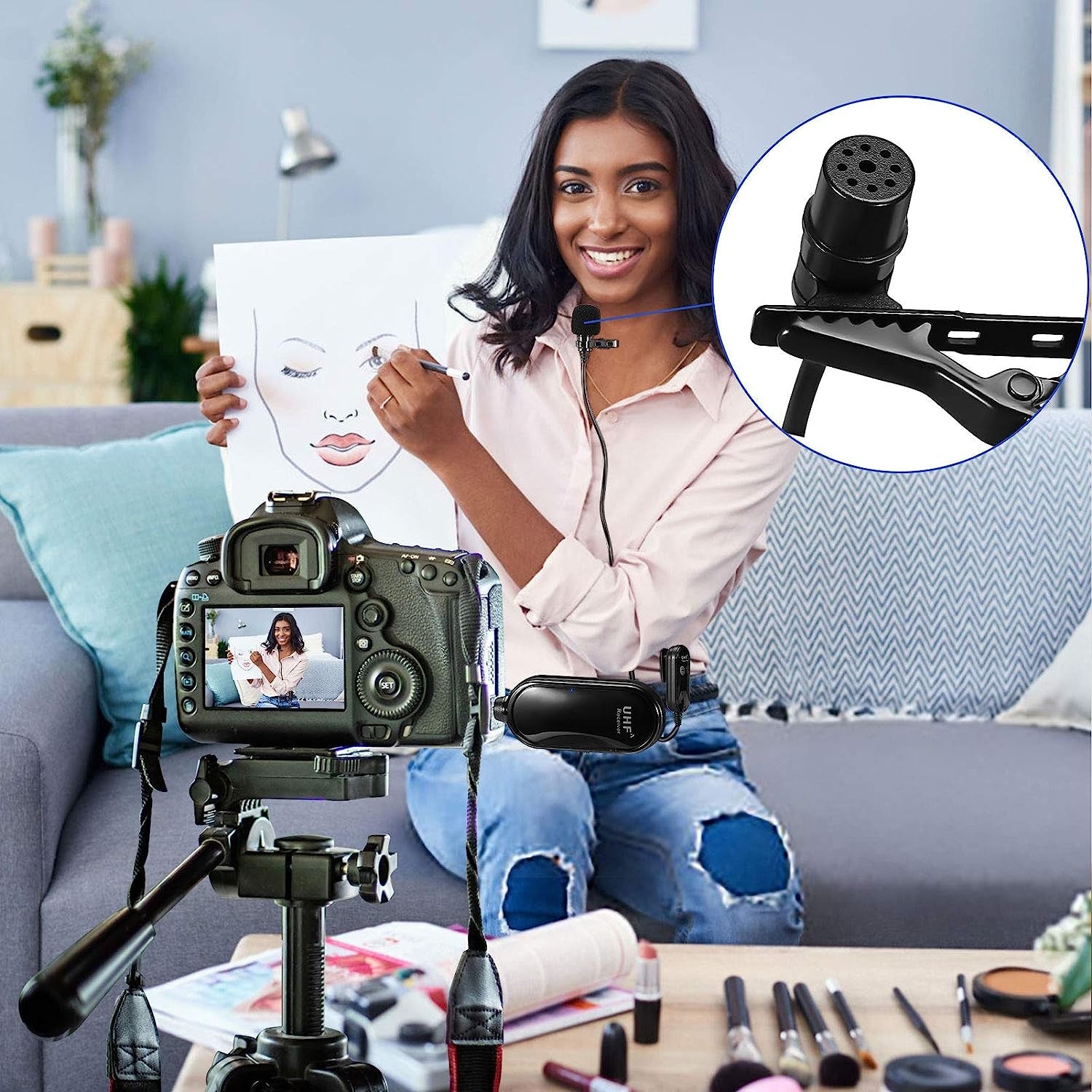 Amazmic Wireless Lavalier Microphone, Portable UHF Wireless Lapel Microphone System up to 70Ft Range Rechargeable Transmitter & Receiver, for Iphone, Andorid Phone, DSLR Camera, PC, Speaker  Amazmic   