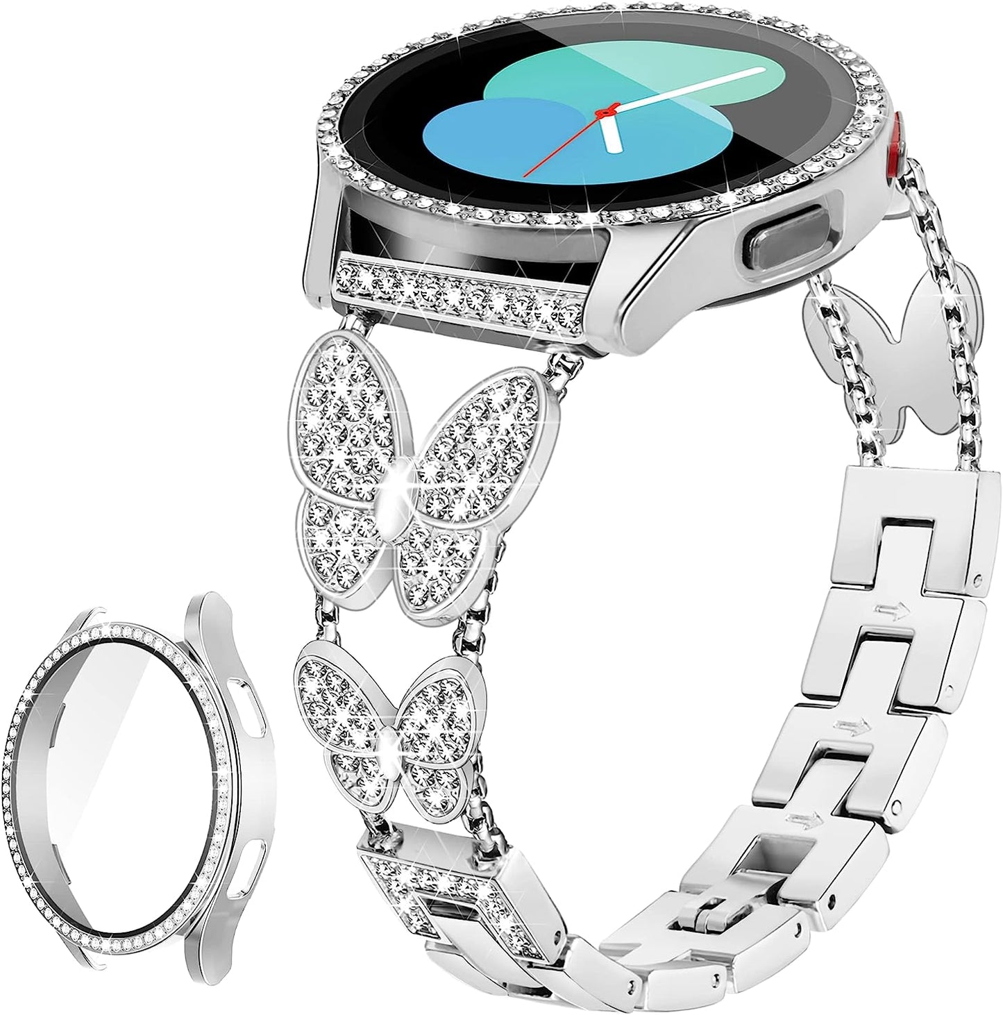 G-Ficu Galaxy Watch 4 Band 20Mm Butterfly Band for Samsung Galaxy Watch 5 & 4 Band 40Mm 44Mm, Women Bling Diamond Slim Band, Cute Luxury Metal Band for Watch 5 Pro/Watch 4 Classic 42Mm 46Mm/Watch 3 41Mm/Active 2(Rose Gold)  Green ficus 【Shiny Silver】 Band & Case (For Galaxy Watch 4 & 5) 20mm Width + 40mm Case 