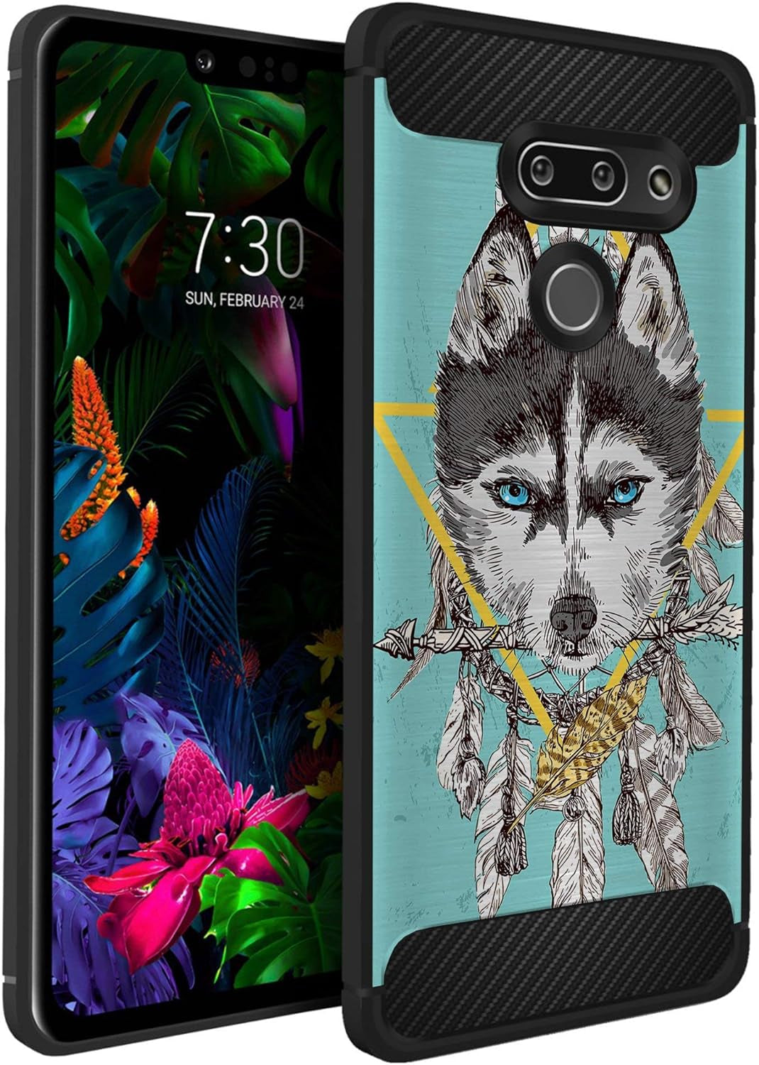 Casesondeck Case Compatible with [LG G8 Thinq/Lg G8] Tribal Floral Matte TPU Flexible Carbon Fiber Textured (Buffalo Western)  CasesonDeck Teal Wolf  
