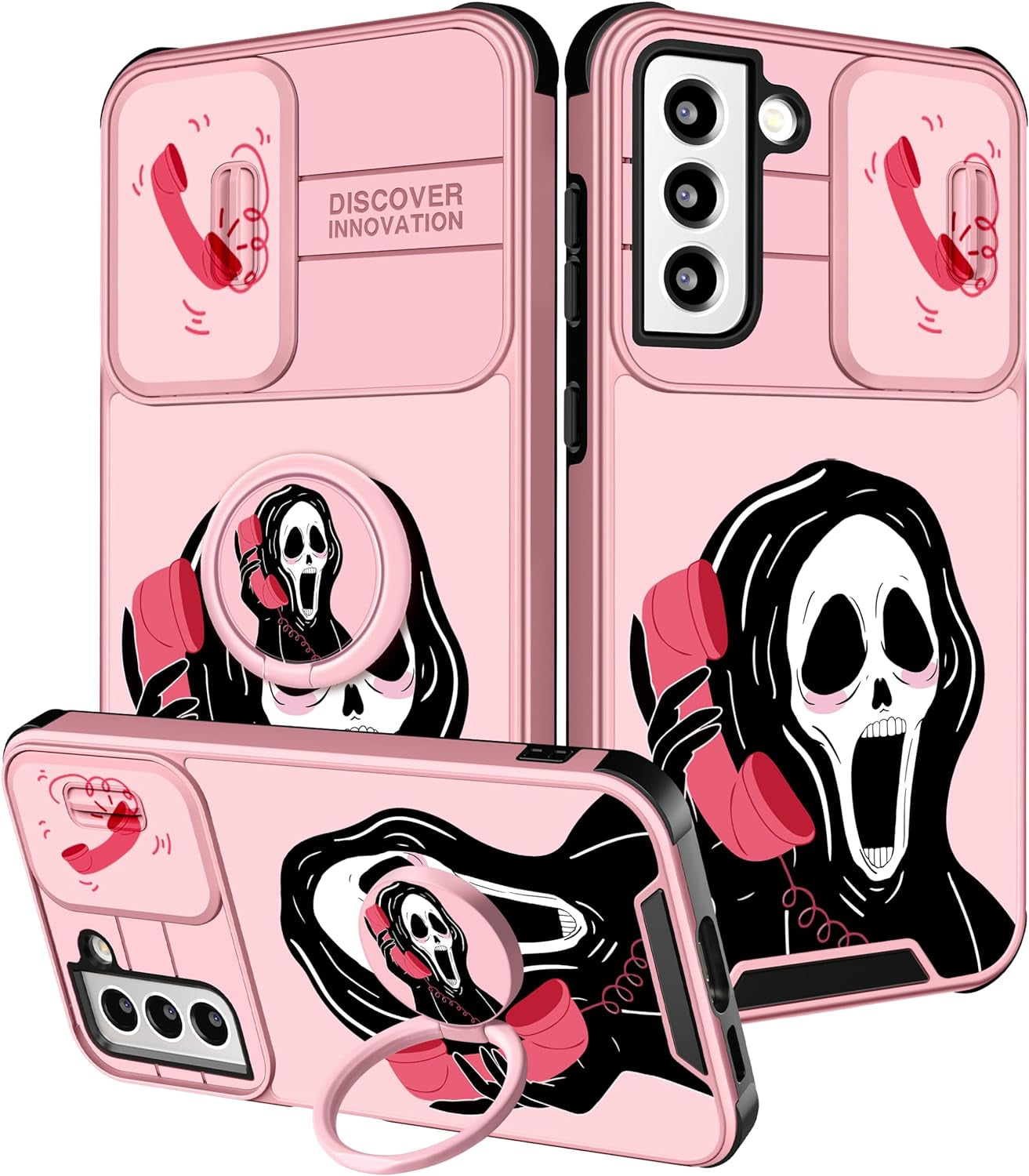 Oqpa for Samsung Galaxy S22 plus Phone Case Cute Cartoon Galaxy S22 plus Case with Camera Cover+Ring Holder for Women Girly Girls Boys Kids Kawaii Funny Case for Samsung S22 Plus, Minn Micki  meitong2020 3-Pink Skull  