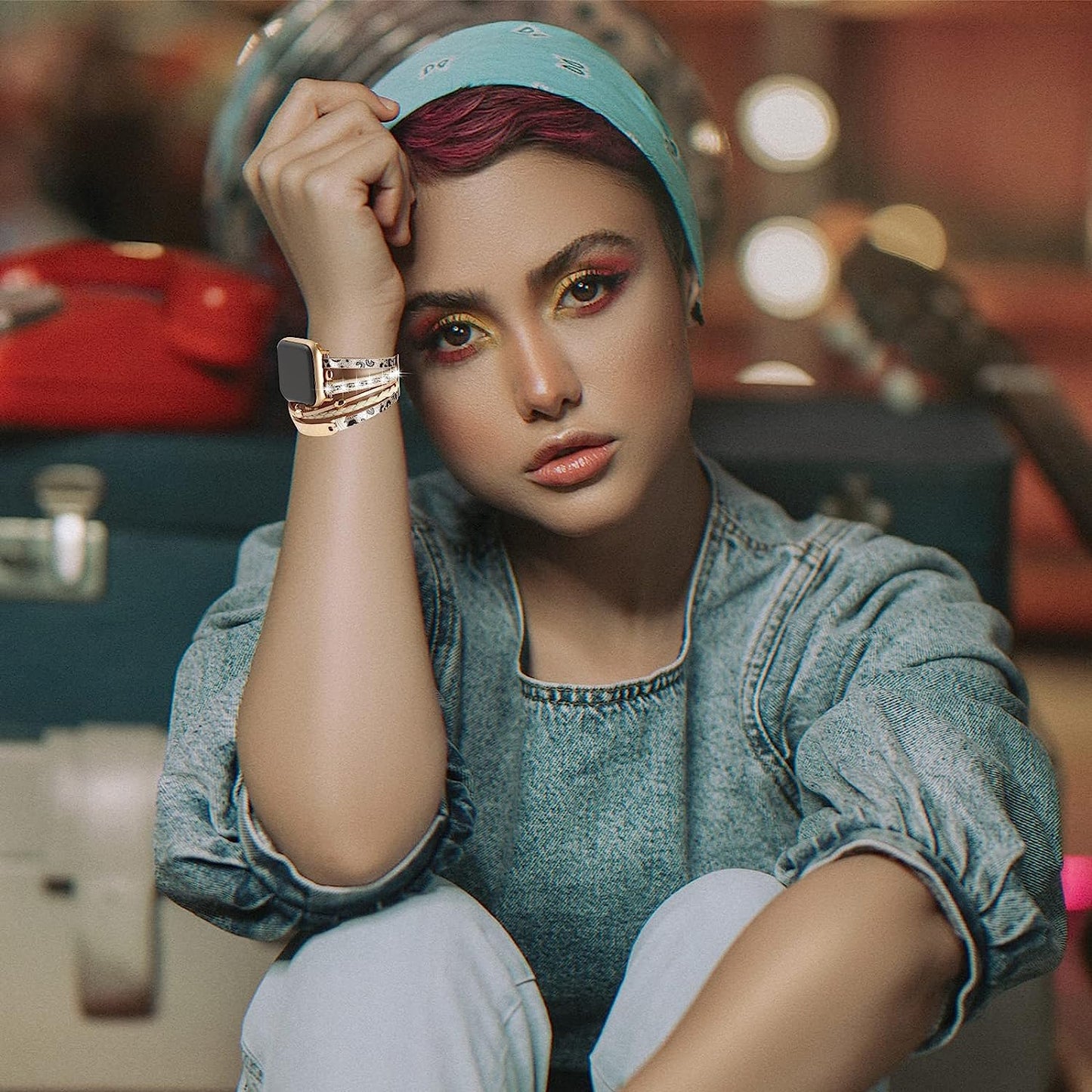 Posh Leather Bands Compatible with Apple Watch Bands 38Mm 40Mm 41Mm for Women Men，Metal Sheets Bracelet Jewelry Warp Strap for Iwatch Series SE 7 6 5 4 3 2 1（Cheetah with Gold）  REALSIGN   