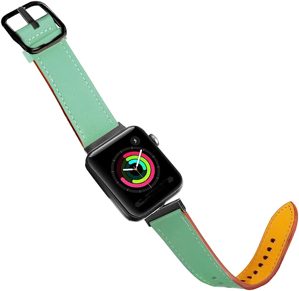 PINHEN Band Compatible with Apple Watch Ultra 49Mm(42/44/45Mm),Series 3 2 1(38/40/41Mm,42/44/45Mm) Bands Double Color Leather Strap Reversible Iwatch Wristband for Women Men  PINHEN Teal/Yellow 45/44/42mm 