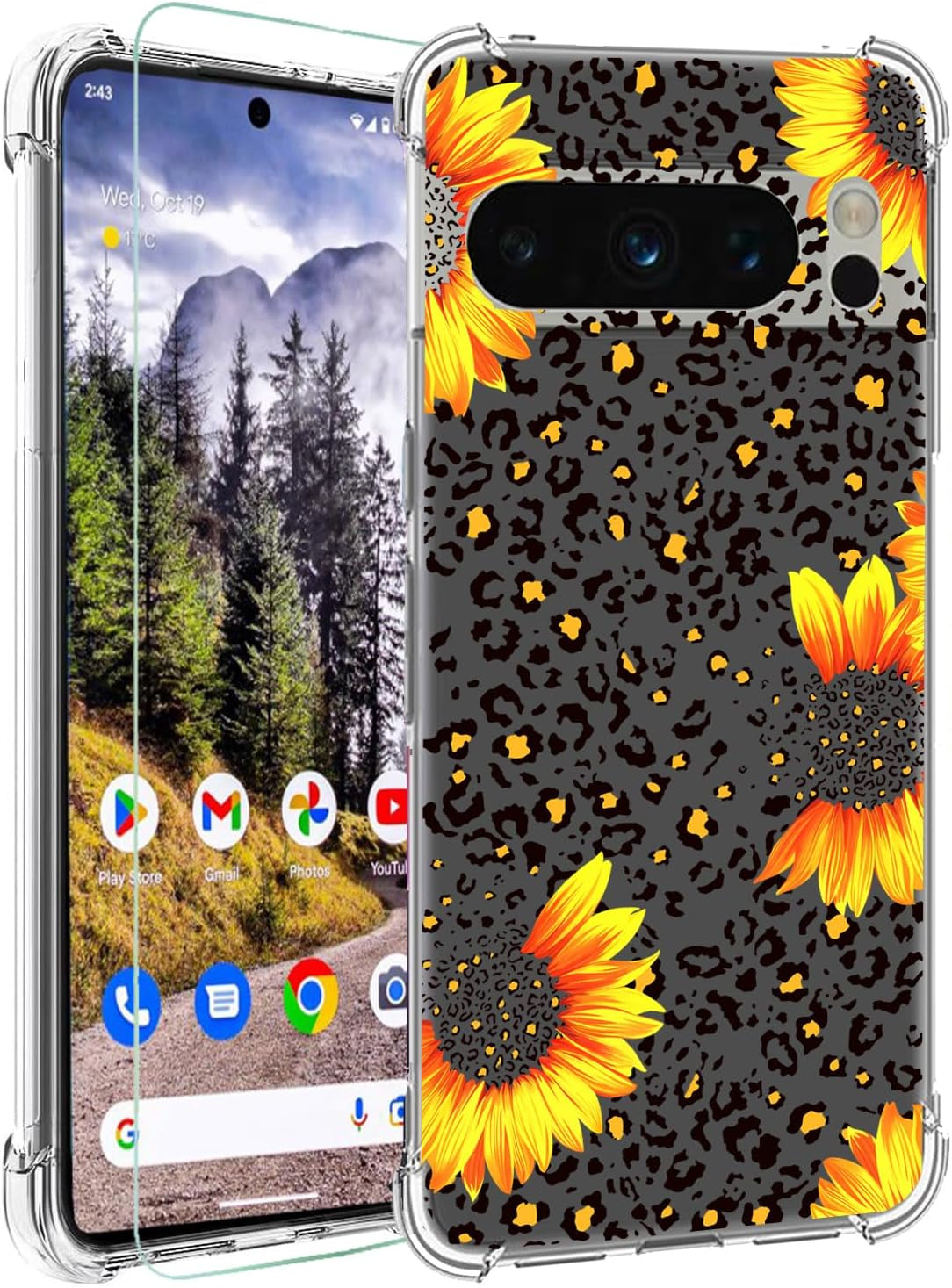 Ftonglogy for Google Pixel 8 Pro 5G Case with Screen Protector: Clear Cute Flower Floral Design for Girls Women Slim Soft TPU Bumper Shockproof Silicone Cell Phone Cover (Funny Cat)  Ftonglogy Sunflower/Leopard  