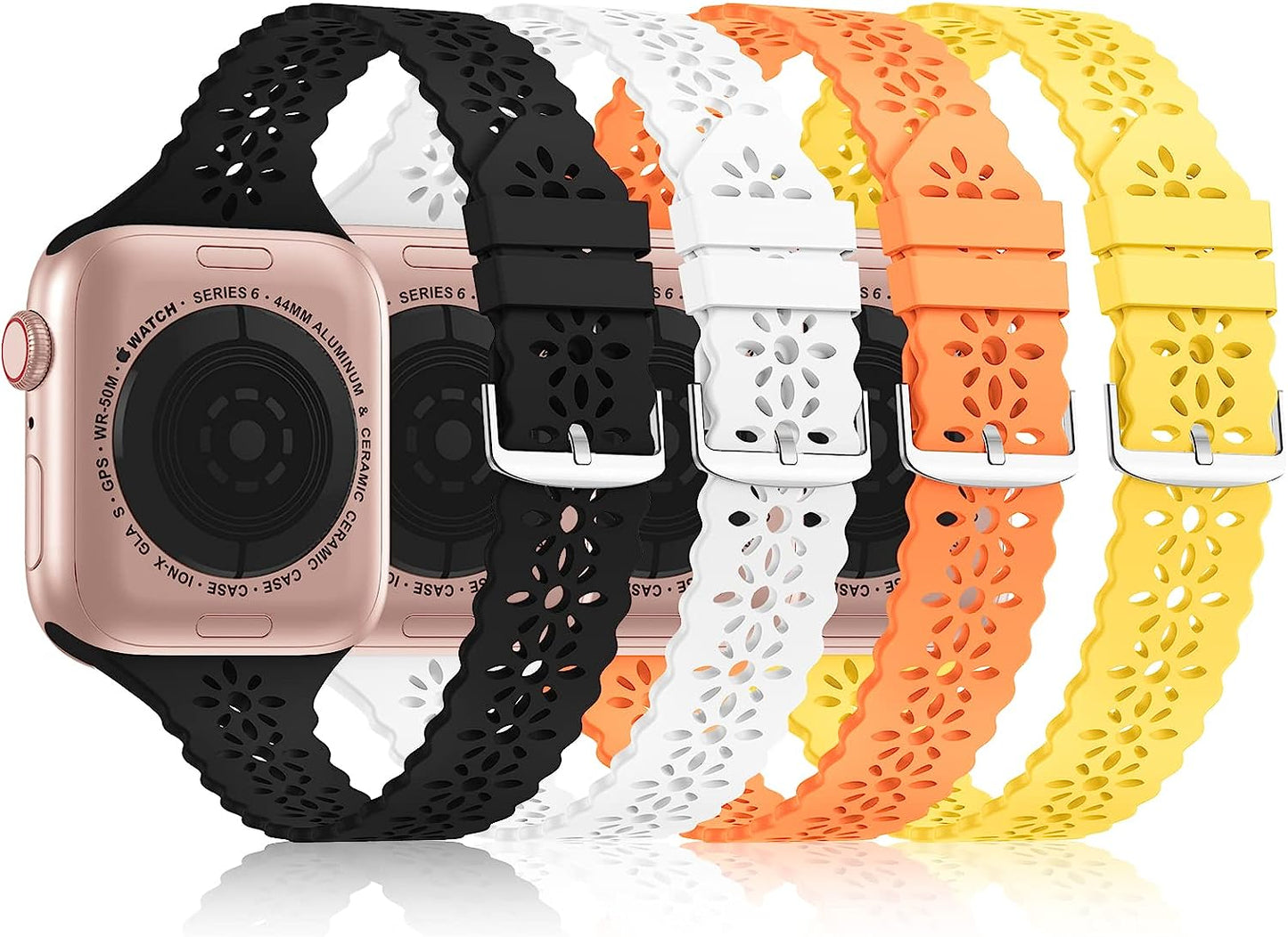 Bandiction 4 Pack Lace Silicone Bands Compatible with Apple Watch Band 38Mm 40Mm 41Mm 42Mm 44Mm 45Mm 49Mm, Women Slim Thin Hollow-Out Sport Wristband for Iwatch Series Ultra 8 SE 7 6 5 4 3 2 1  Bandiction Black/White/Yellow/Orange 42mm/44mm/45mm/49mm 
