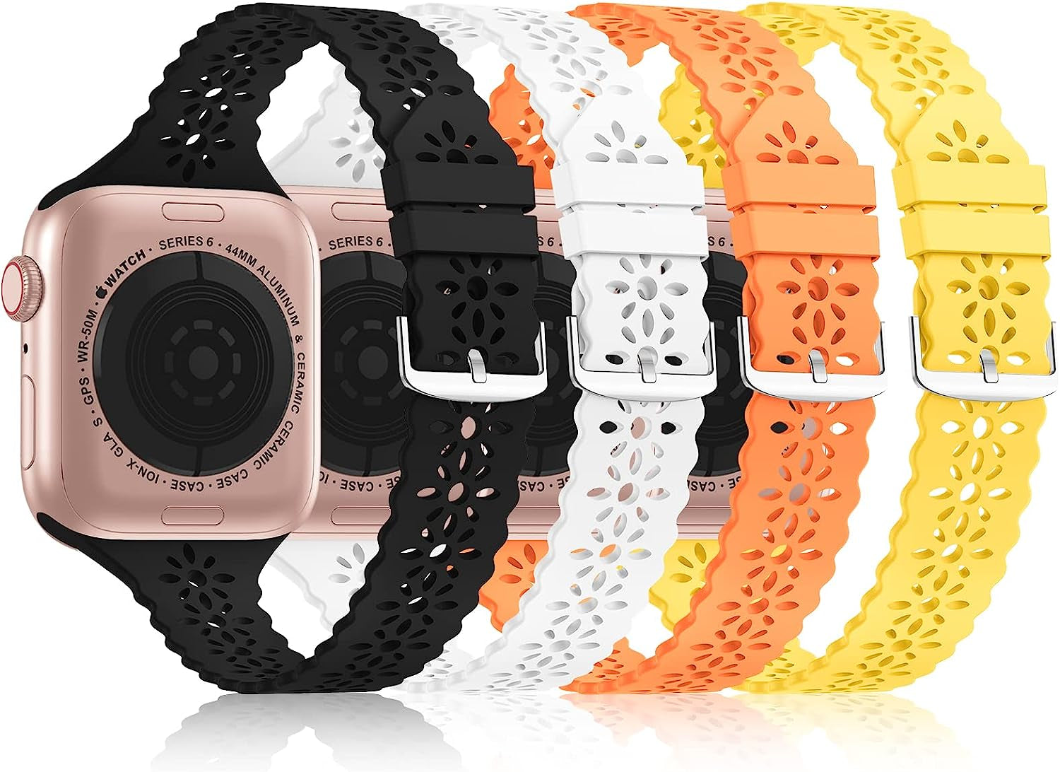 Bandiction 4 Pack Lace Silicone Bands Compatible with Apple Watch Band 38Mm 40Mm 41Mm 42Mm 44Mm 45Mm 49Mm, Women Slim Thin Hollow-Out Sport Wristband for Iwatch Series Ultra 8 SE 7 6 5 4 3 2 1  Bandiction Black/White/Yellow/Orange 42mm/44mm/45mm/49mm 