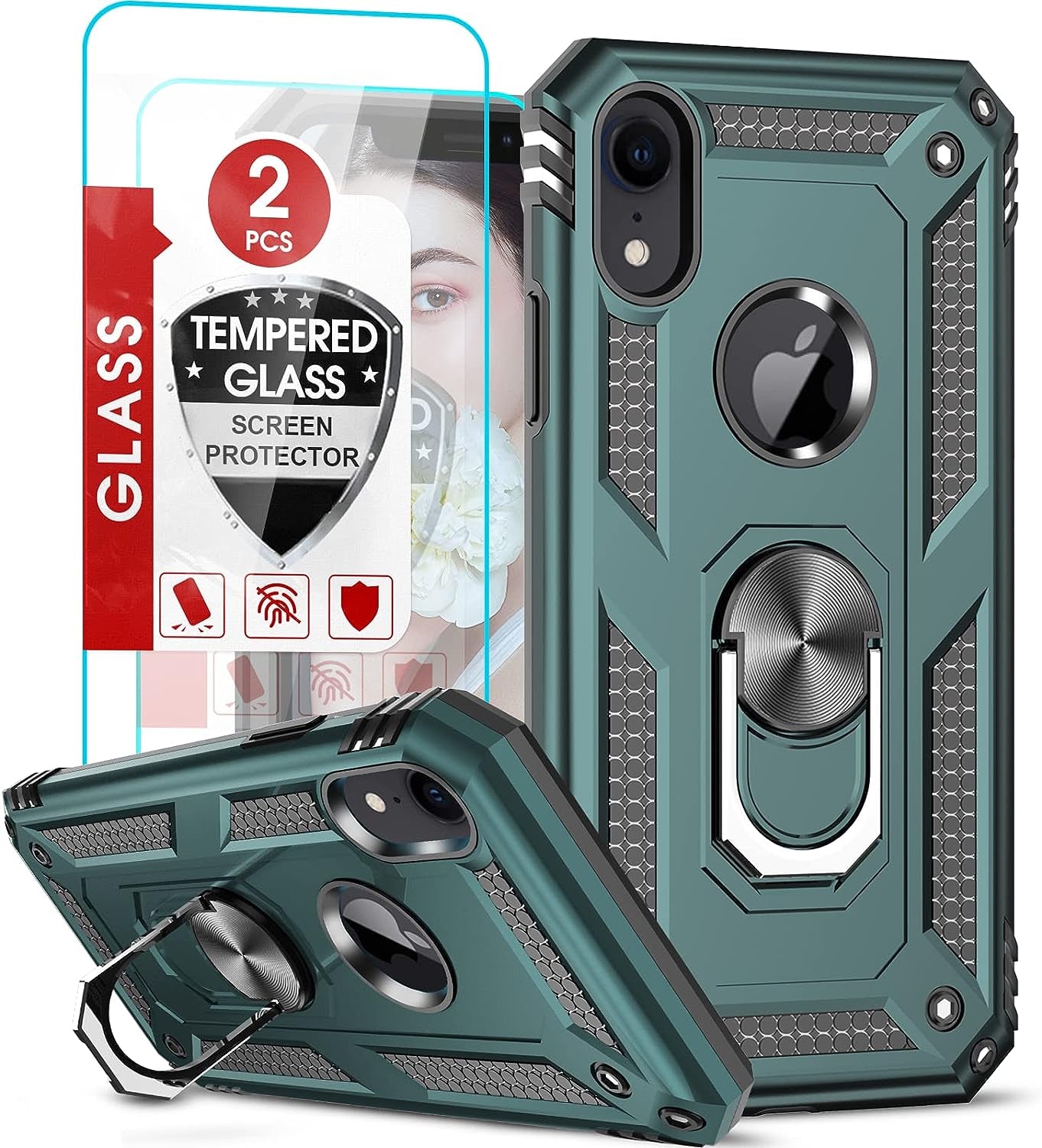 Leyi for Iphone XR Case, Iphone XR Case with Stand and [2PCS] Tempered Glass Screen Protector for Men, Heavy Duty Protective Hard Case with Metal Ring for Apple Iphone 10 XR, Black  LeYi Green  