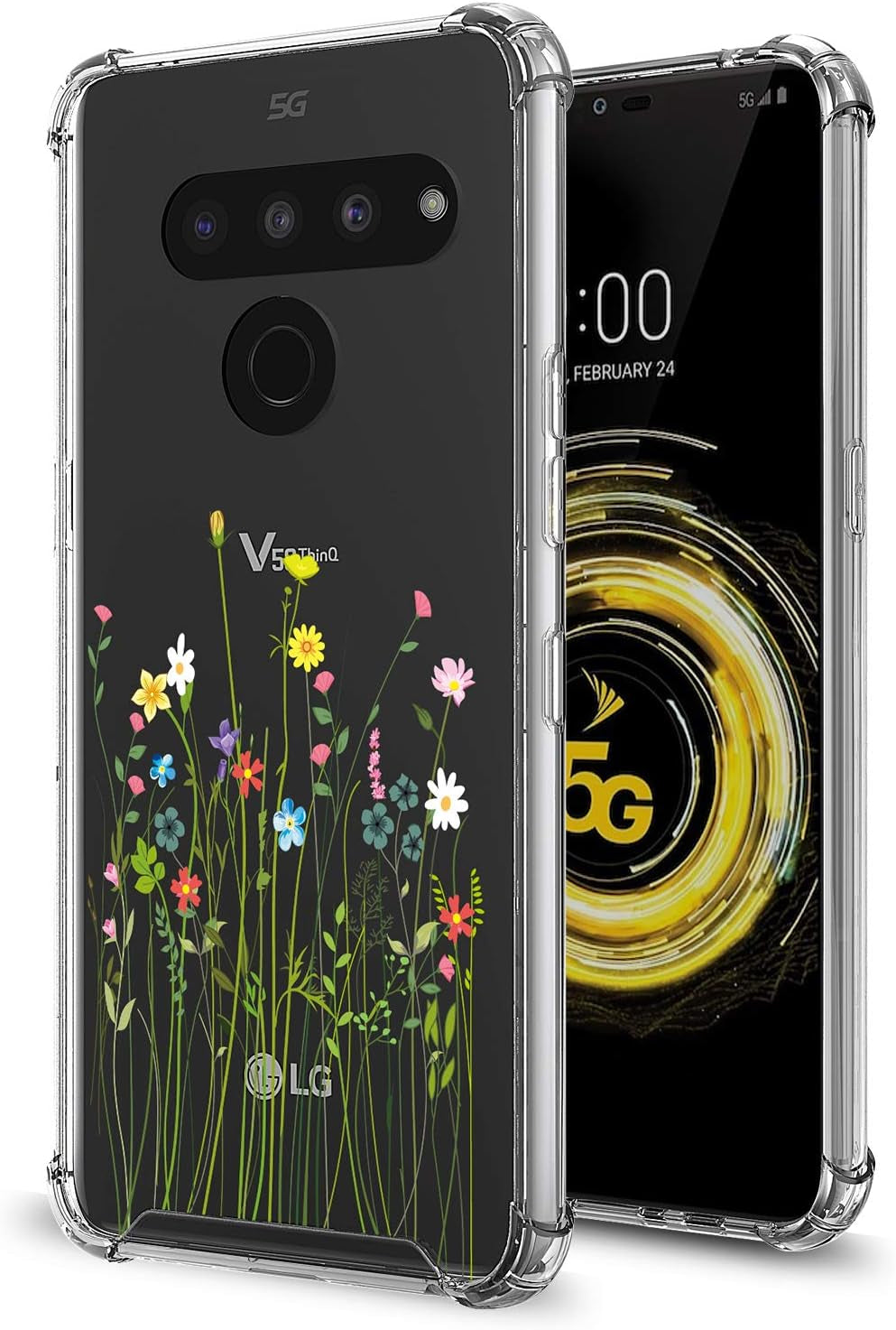 GORGCASE CASE Designed for LG V40 THINQ Slim Sleek Fit Hard PC Back Soft TPU Bumper Anti-Scratch [Shock Absorbing] Clear Fashion Pattern Full-Body Drop Protective Phone Cover for Girls Women Leaf  GORGCASE Clear Wild Flower  