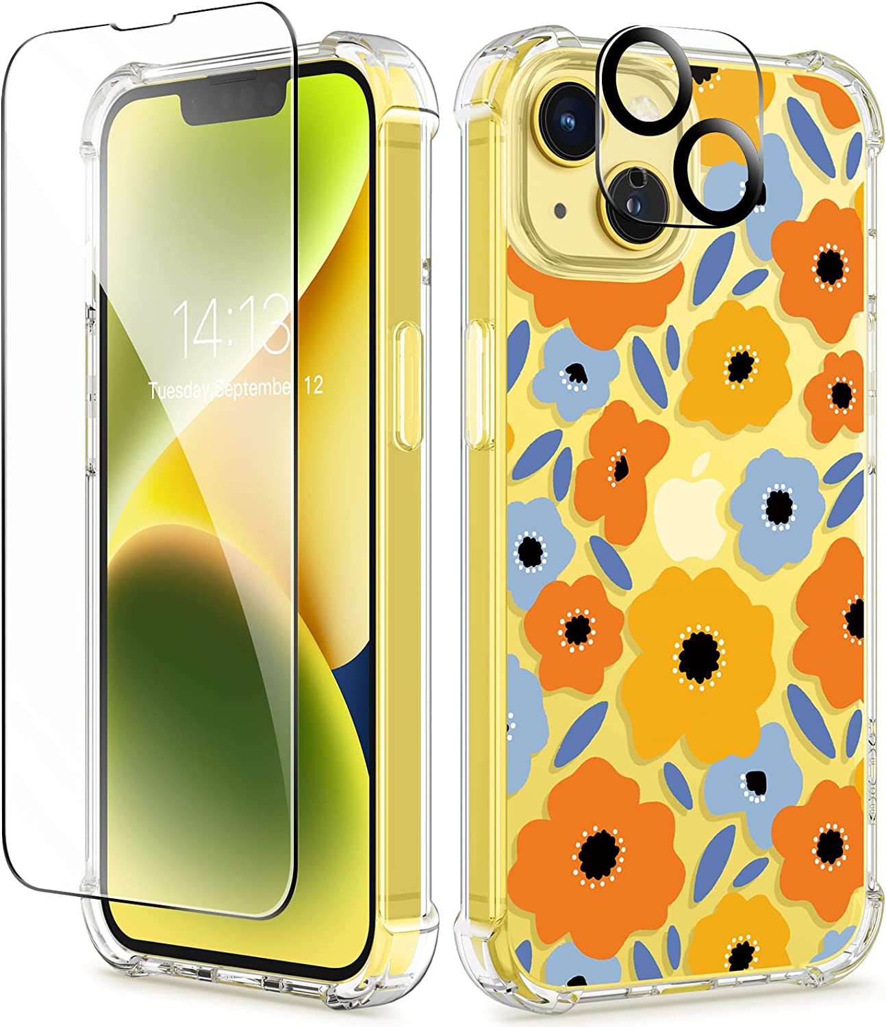 GVIEWIN Compatible with Iphone 14 Case with Screen Protector+Camera Lens Protector, Soft Shockproof Clear Floral Phone Protective Cover for Women, Flower Pattern Design 6.1" (Alyssum/Blue)  GVIEWIN Cartoon Flowers  