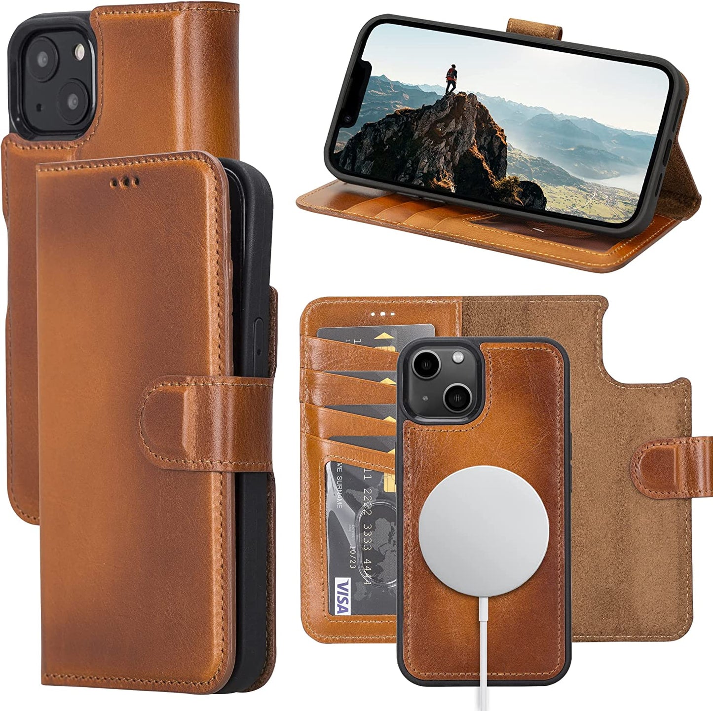 OXA Leather 2-In-1 Wallet Case Compatible with Iphone 14 Pro Max | Magnetic Detachable | Shockproof | RFID Blocking | Flip Case with Kickstand | Compatible with Magsafe | - Purple  OXA Rustic iPhone 14 