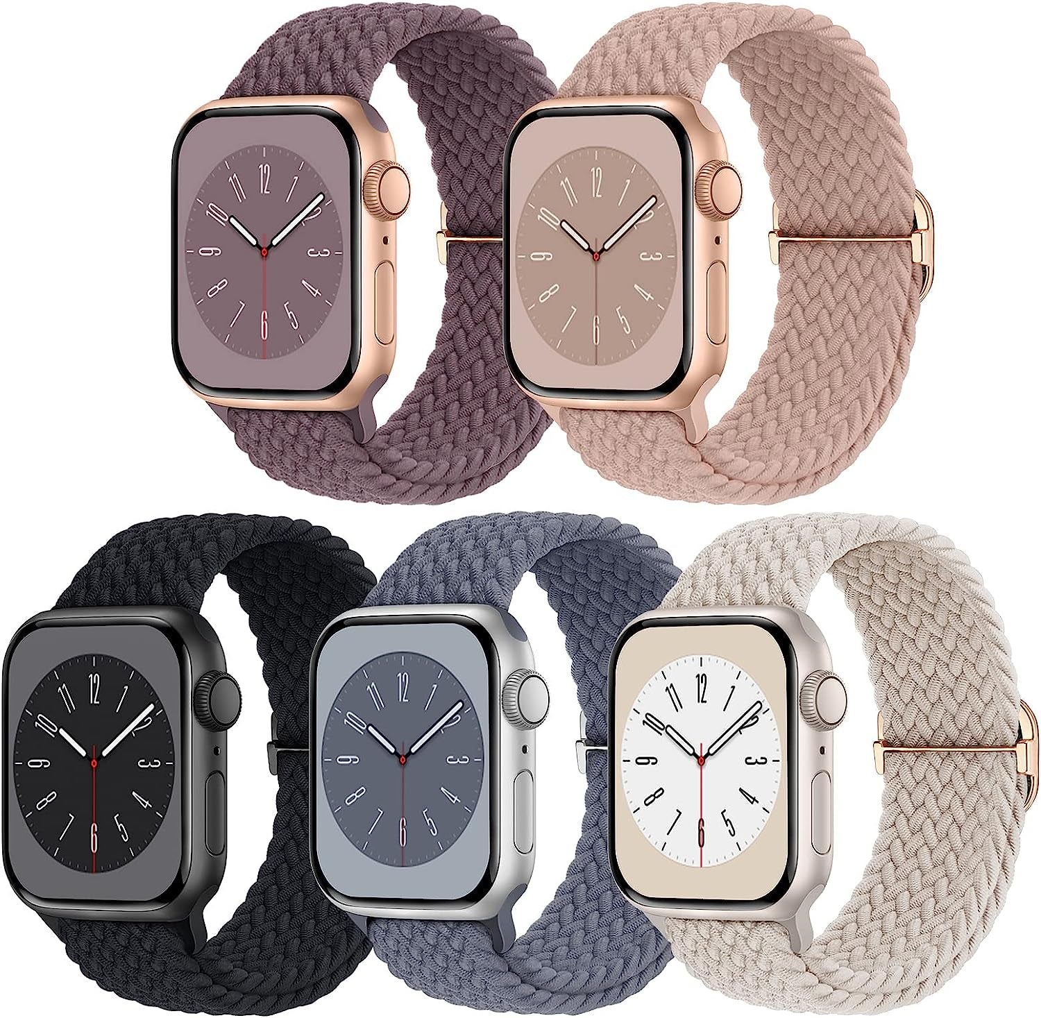 Braided Solo Loop Compatible with Apple Watch Band 38Mm 40Mm 41Mm 42Mm 44Mm 45Mm 49Mm, Women Men Nylon Stretchy Bands Adjustable Elastic Sport Straps for Iwatch Ultra Series 8 7 6 5 4 3 2 1 SE, 5 Pack  Butifacion Black/Starlight/Pink/Blue Gray/Smoke Violet 38mm/40mm/41mm 