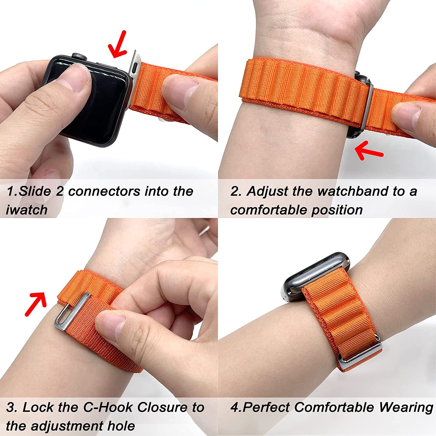 4 Pack Alpine Loop Nylon Band Compatible with Apple Watch Band 49Mm 45Mm 44Mm 42Mm Women Men,Adjustable Sport Metal C-Hook Strap for Iwatch Ultra Series SE 8/7/6/5/4/3/2/1,Black/Orange/Starlight/Green  AWYNJY   