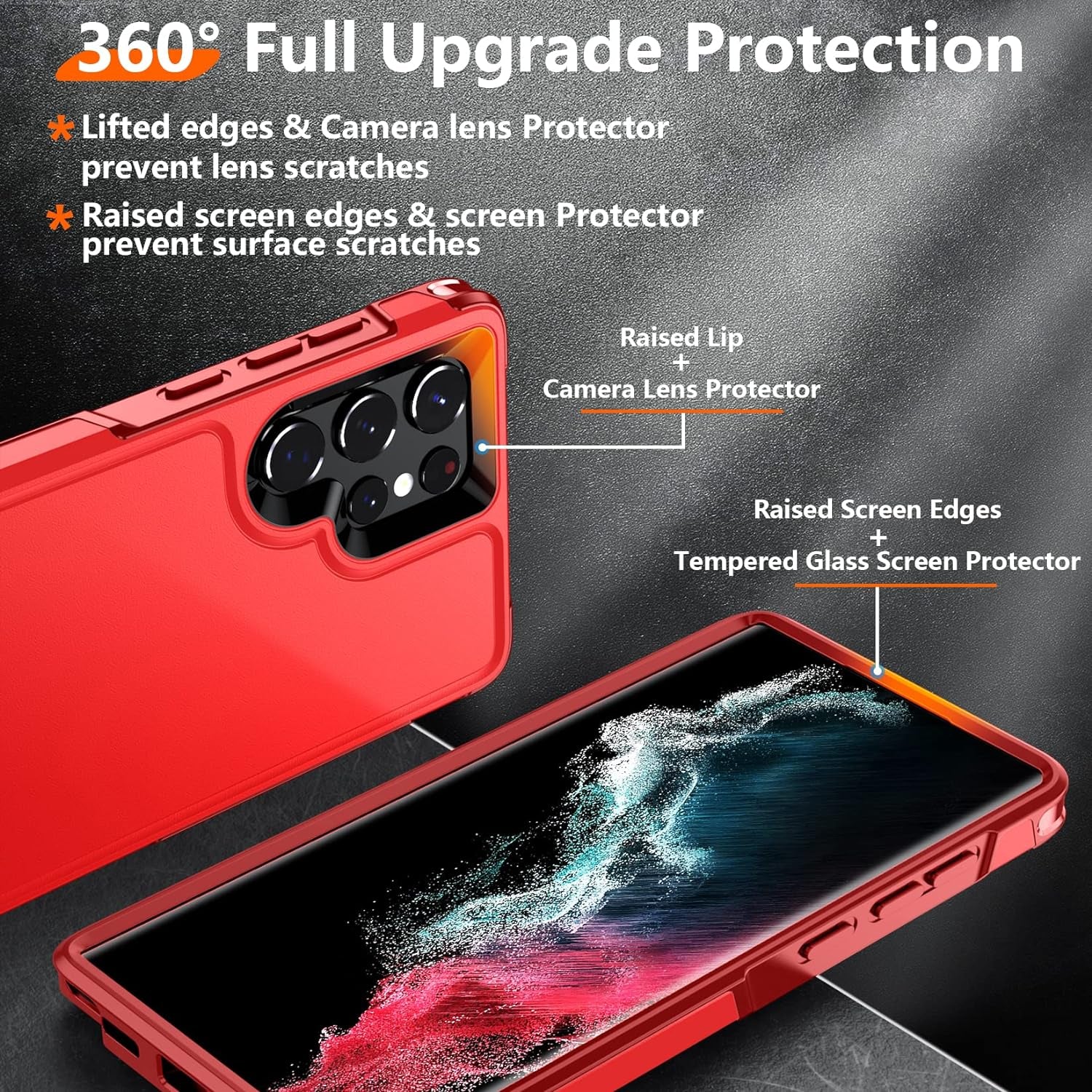 Temdan [Heavy Shockproof for Samsung Galaxy S22 Ultra Case,With 2 Pack [Soft Screen Protector + Camera Lens Protector] [Military Grade Drop Protection] Tough Rugged Full-Body Protection Phone Case Red  Temdan   
