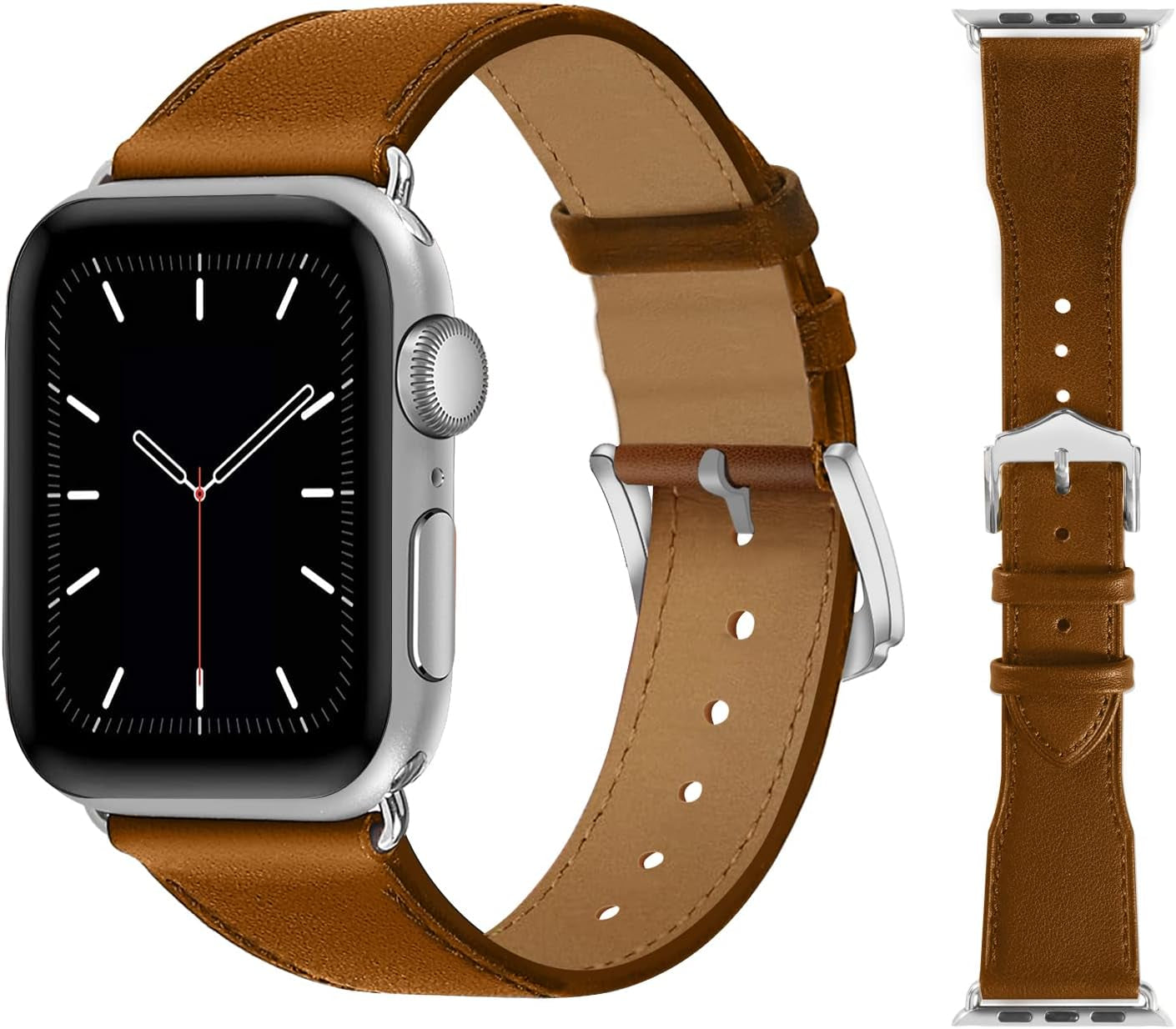 Genuine Leather Watch Bands Compatible with Apple Watch 42Mm 44Mm 45Mm for Men Women Straps Wristband for Iwatch SE & Series 7 6 5 4 3 2 1 Brown Band+Silver Adapter  N-Hocezyg   