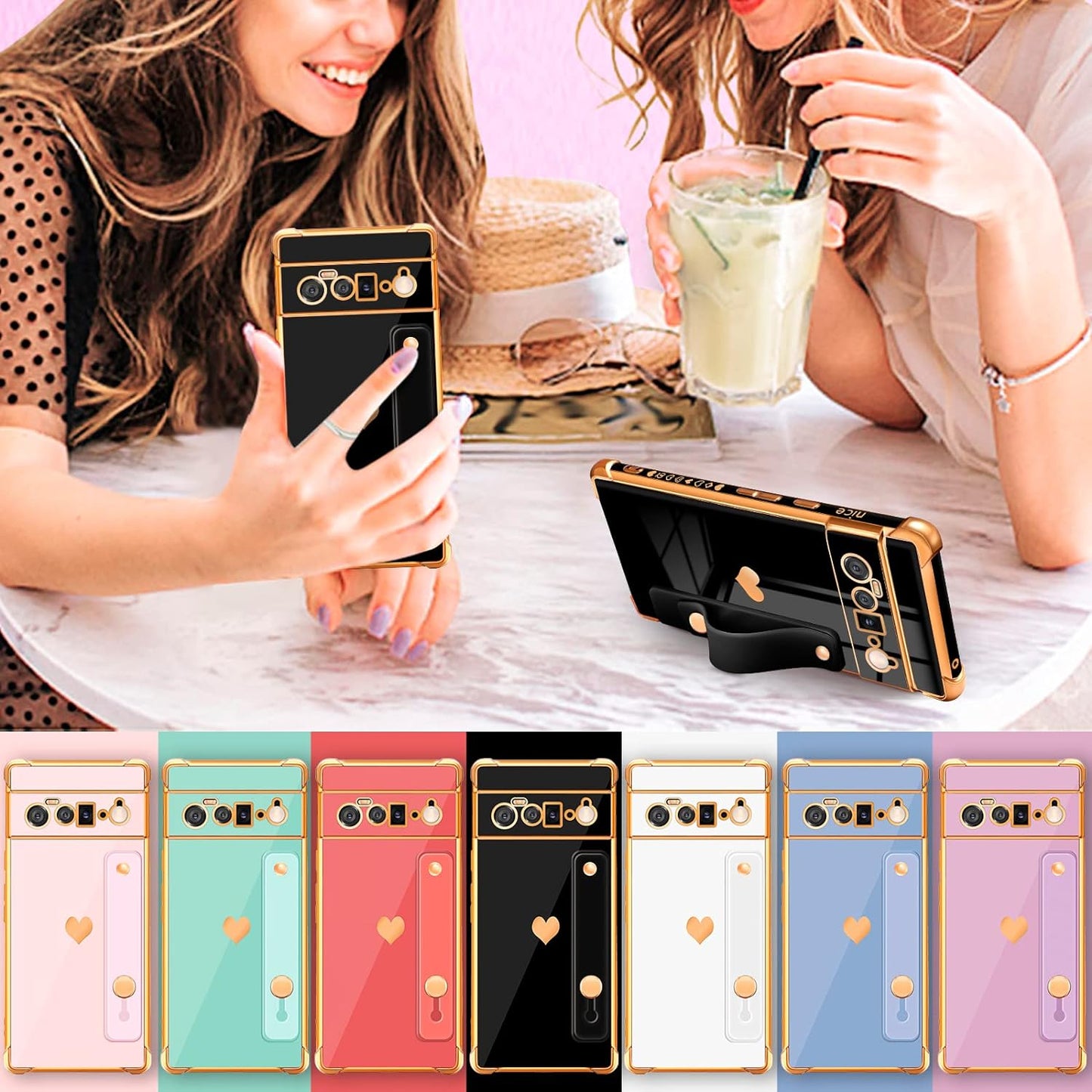 Likiyami (3In1 for Google Pixel 6 Pro Case 5G Heart for Women Girls Girly Cute Luxury Pretty with Stand Phone Cases Black and Gold Love Hearts Aesthetic Cover+Screen+Chain for Google Pixel 6 Pro 6.7"  Likiyami   