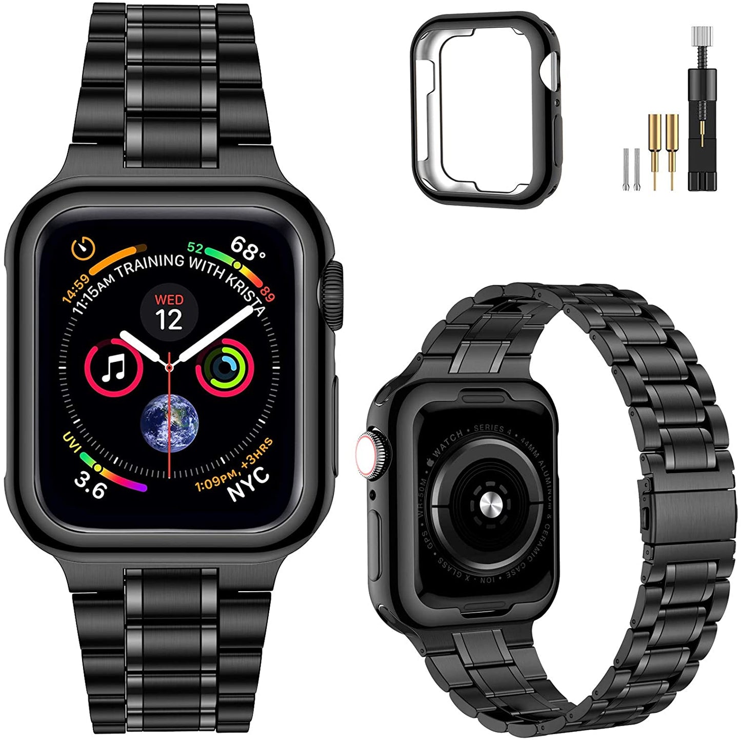 Miohhr Solid Stainless Steel Band Compatible with Apple Watch 49Mm 45Mm 44Mm 42Mm 41Mm 40Mm 38Mm, Metal Strap for Iwatch Series Ultra 8 7 6 5 4 3 2 1 SE Women and Men  MioHHR Black 45 mm(Series 8/7) 