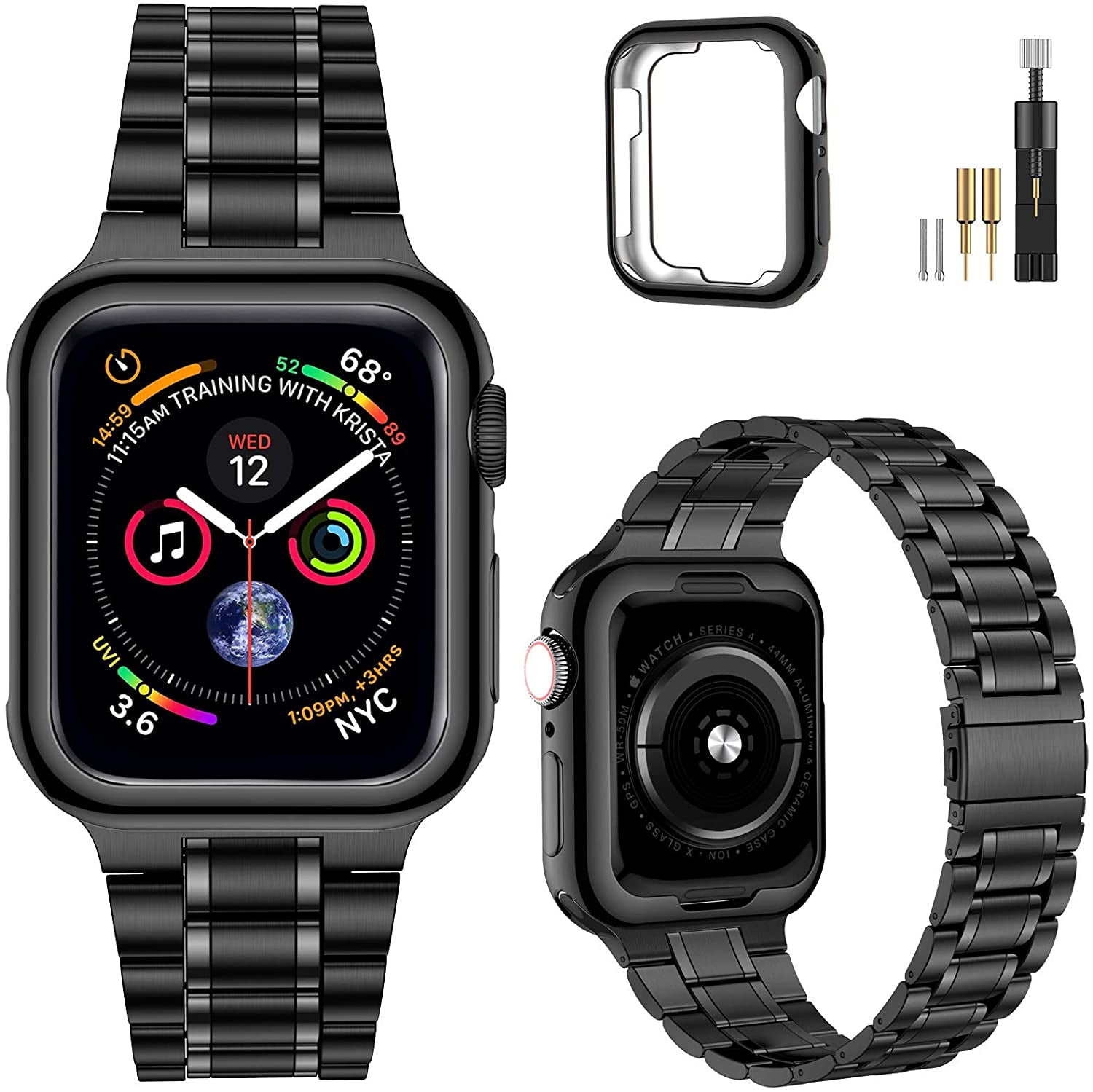 Miohhr Solid Stainless Steel Band Compatible with Apple Watch 49Mm 45Mm 44Mm 42Mm 41Mm 40Mm 38Mm, Metal Strap for Iwatch Series Ultra 8 7 6 5 4 3 2 1 SE Women and Men  MioHHR Black 45 mm(Series 8/7) 