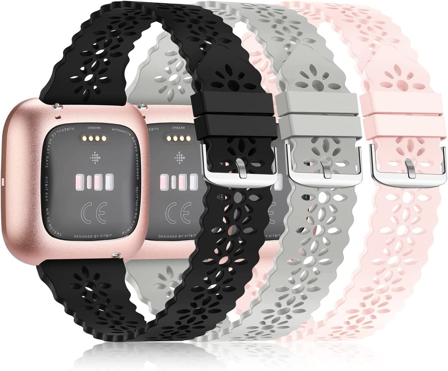 YAXIN 3 Pack Slim Sport Bands Compatible with Fitbit Versa/ Versa 2/ Versa Lite Band for Women,Soft Silicone Lace Replacement Wristbands for Smart Watch,Black/White/Pink Sand  YAXIN B-black/pink sand/gray  