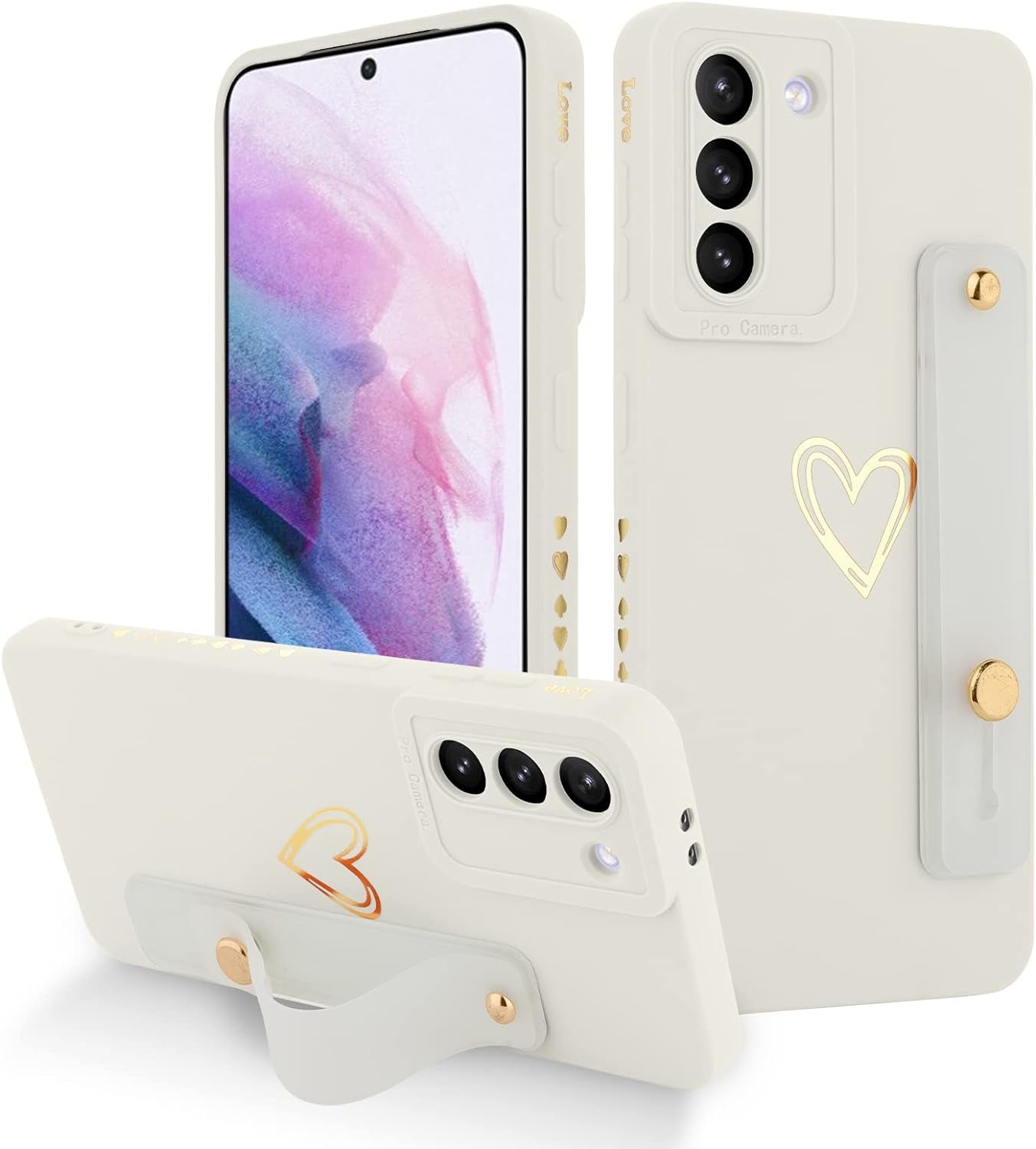 Fiyart Designed for Galaxy S21 5G Case with Phone Stand Holder Cute Love Hearts Pattern Slim Protective Camera Protection Cover with Wrist Strap for Women Girls for Galaxy S21 5G 6.2"-White  Fiyart   