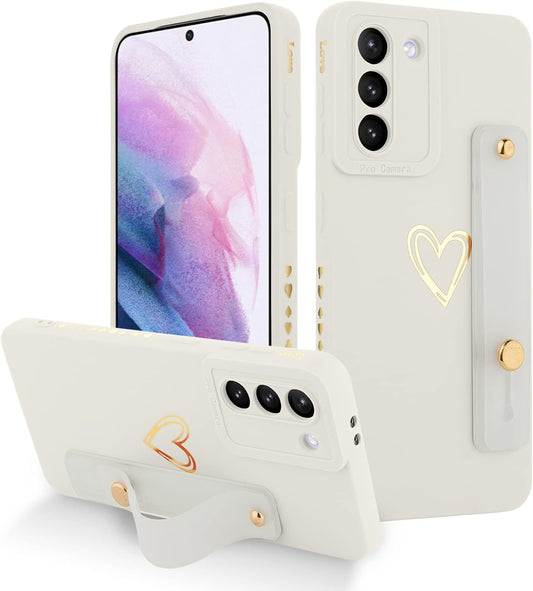 Fiyart Designed for Galaxy S21 5G Case with Phone Stand Holder Cute Love Hearts Pattern Slim Protective Camera Protection Cover with Wrist Strap for Women Girls for Galaxy S21 5G 6.2"-White  Fiyart   
