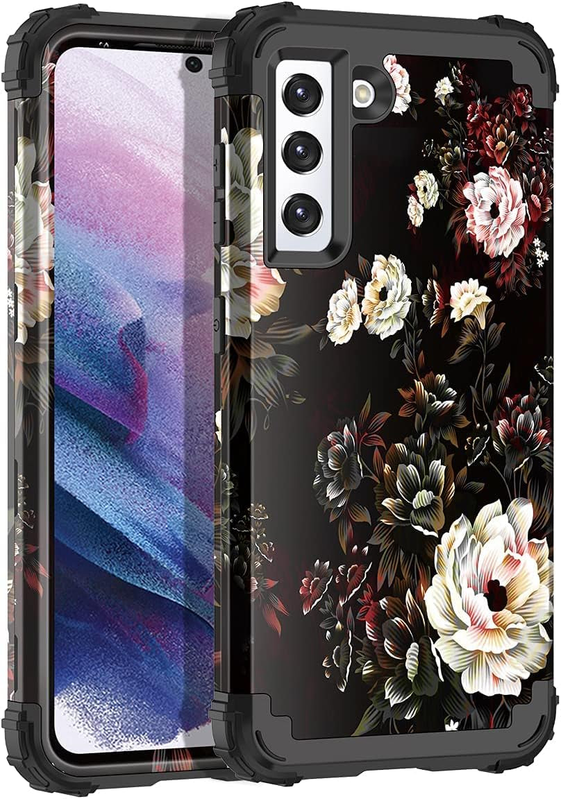 Rancase for Galaxy S21 5G Case,Three Layer Heavy Duty Shockproof Protection Hard Plastic Bumper +Soft Silicone Rubber Protective Case for Samsung Galaxy S21 5G 6.2 Inch,Purple Mandala  Rancase Black Flower  
