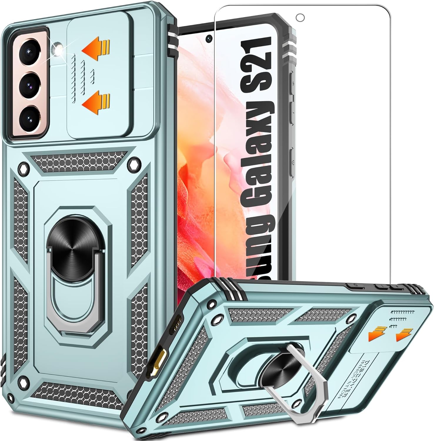 ATUMP for Galaxy S21 Case with HD Screen Protector, Build in 360° Magnetic Ring Holder Kickstand [Military Grade] Protective Case for Samsung Galaxy S21 Case 5G,Rose Gold  Atump Green  