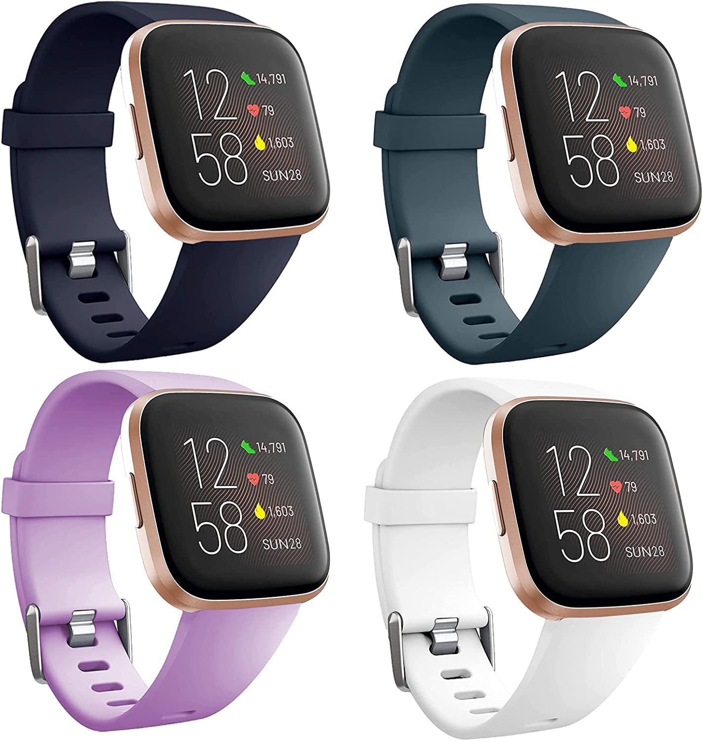 4 Pack Sport Bands Compatible with Fitbit Versa 2/Fitbit Versa/Versa Lite,Classic Soft Silicone Replacement Wristbands for Versa 2 Smart Watch Women Men Large（Black+Dark Blue+Rock Cyan+Grey）  SENGKOB White/dark blue/rock cyan/lavender Small 