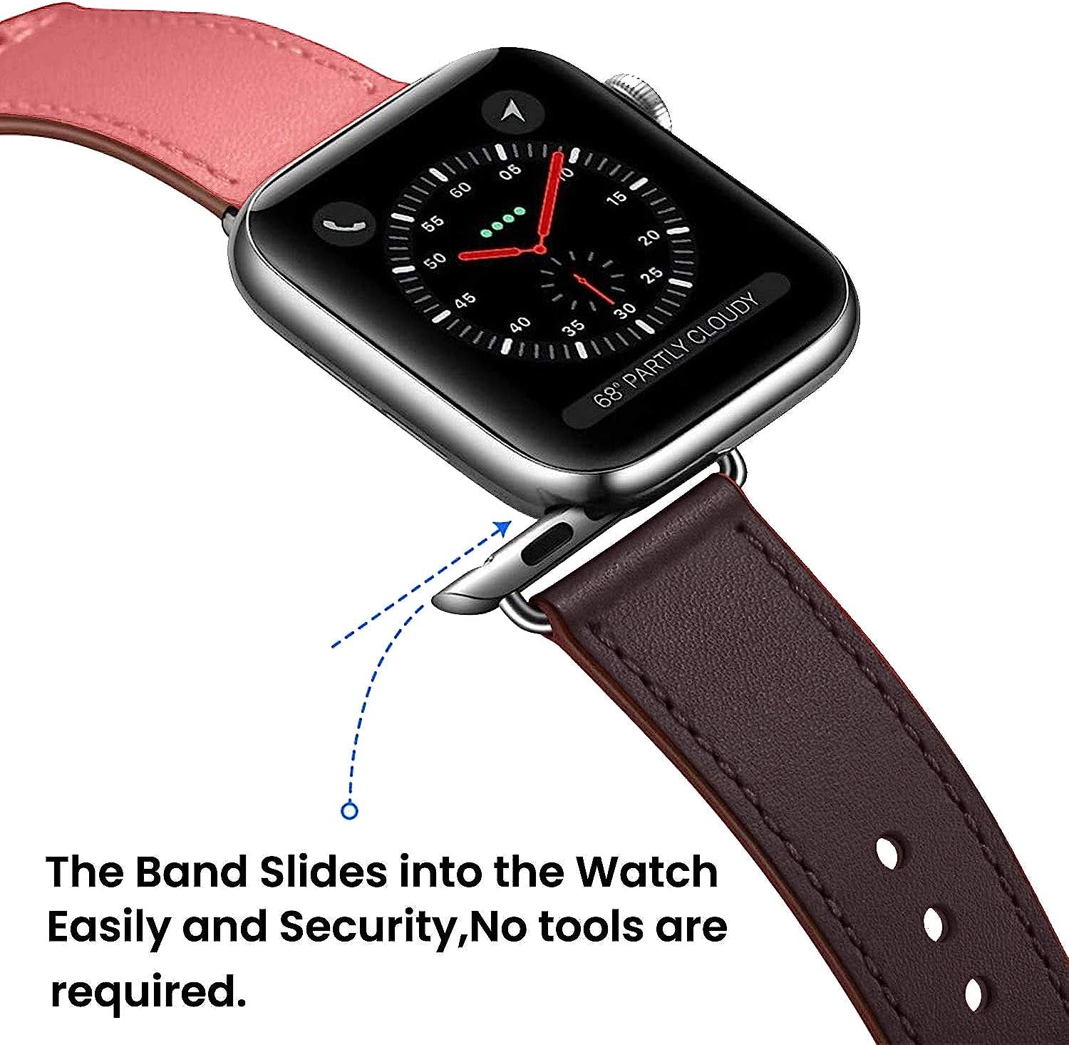 Compatible with Apple Watch Band 42Mm 44Mm 45Mm Women Men, Pierre Case Genuine Leather Sweatproof Classic Replacement Strap Stainless Steel Buckle for Iwatch Series 7/6/SE/5/4/3/2/1 Wine Red Pink  TOKASA   