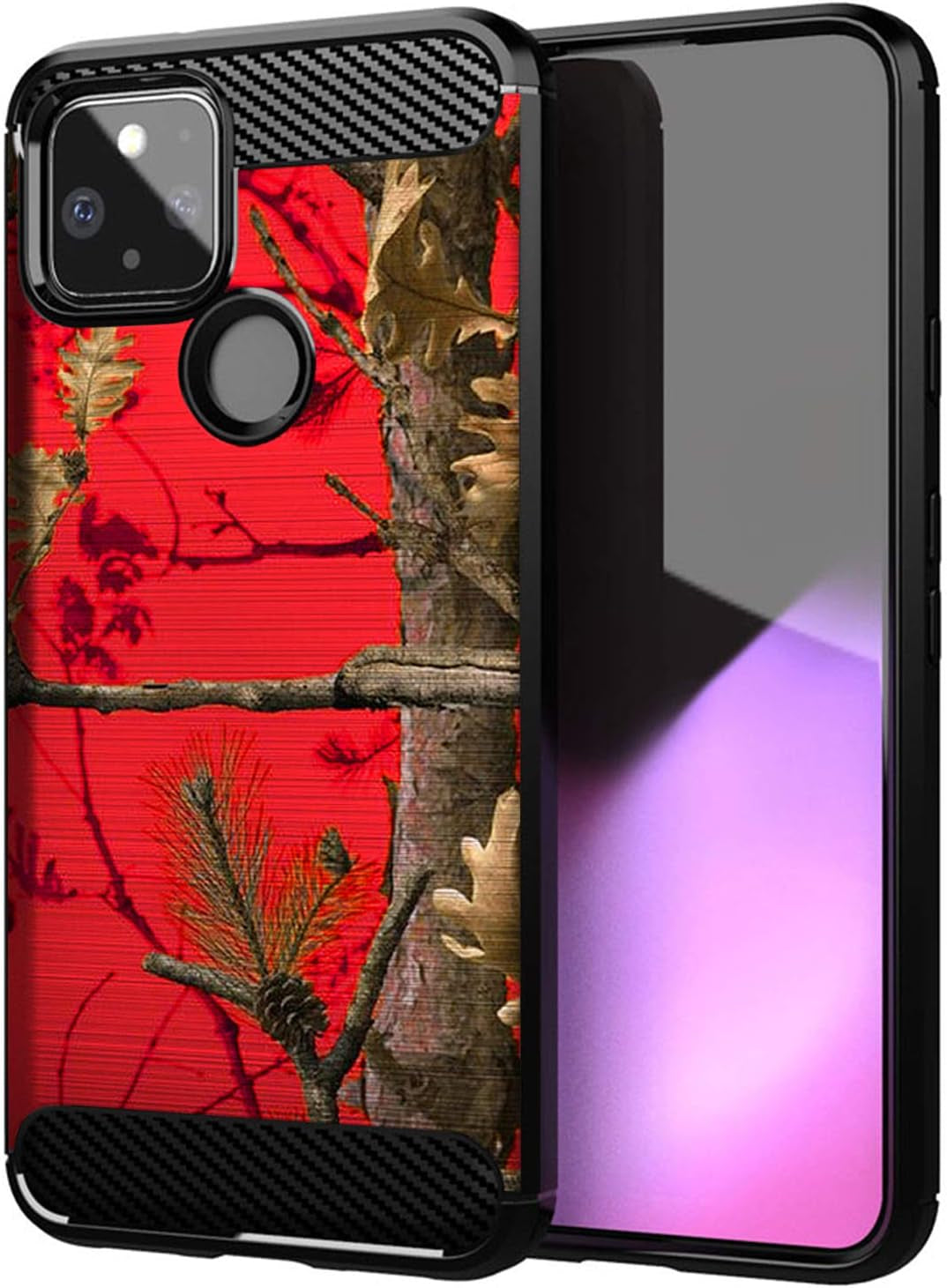 Casesondeck Camo Case Compatible with Google Pixel 4A 5G (2020), Carbon Fiber Texture Slim Fitted Matte Cover with Design (Sunset Deer)  Cases on Deck Red Tree Camo  