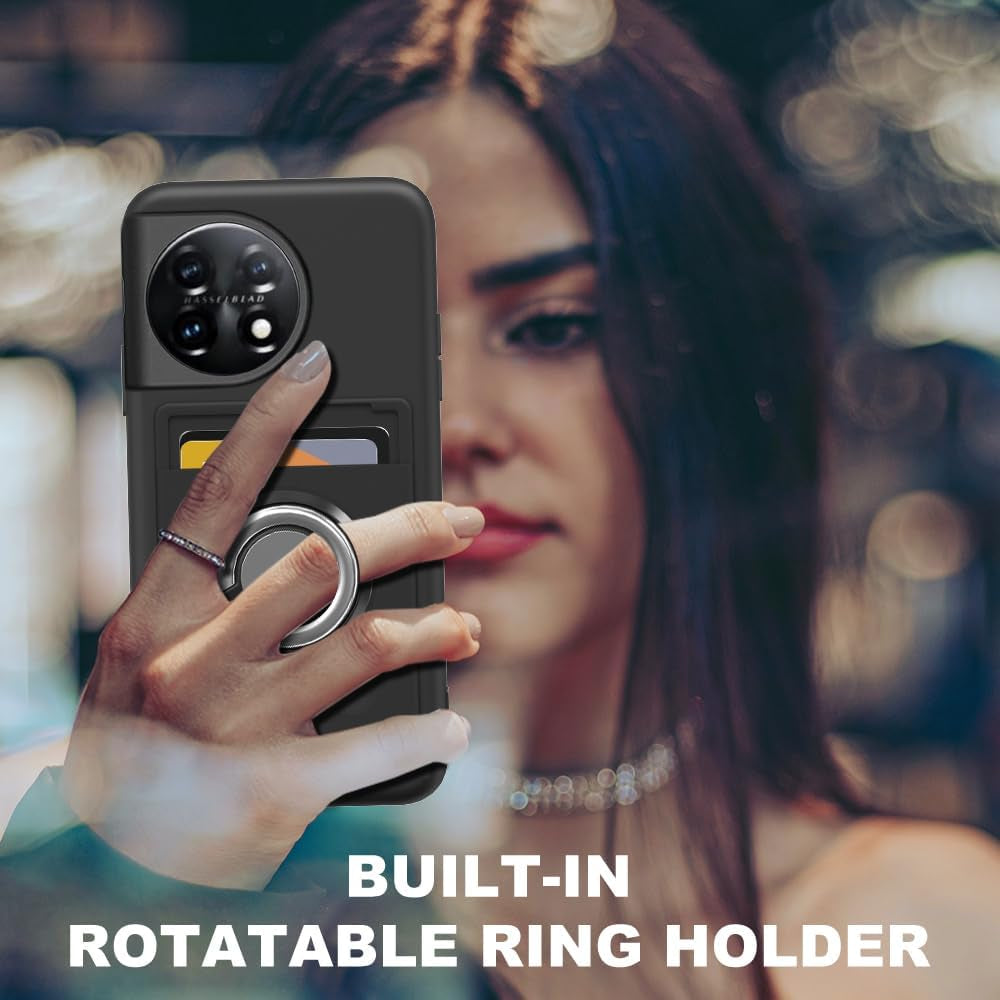 Anneey for Oneplus 11 5G Phone Case with Tempered Glass Screen Protector, Card Holder with Ring Stand Case for 1+ 11 5G Cover - Black  Anneey   