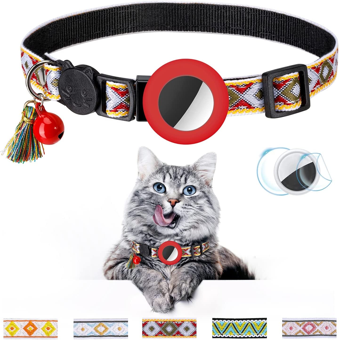 Airtag Cat Collar with Bell Adjustable Breakaway Kitten Collars:- Safety Buckle and Silicone Air Tag Holder Case Compatible with Apple Airtag Geometric Pattern Pet Collar (Pink)  OEBEESA red  