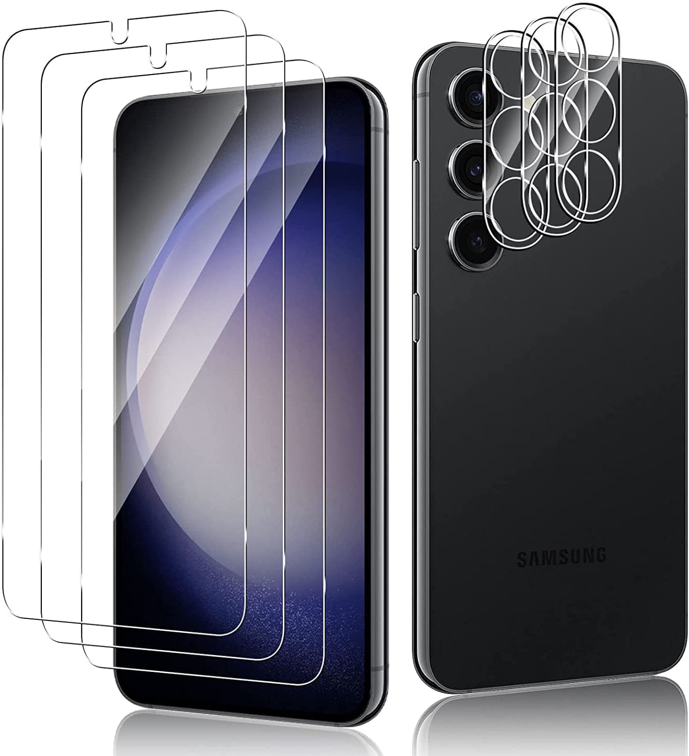 Yoyamo 【3+3 Pack Screen Protector for Samsung Galaxy S23 Plus/S23+ with 3 Pack Tempered Glass Screen Protective Film and 3 Pack Camera Lens Protector-Bubble Free High Definition  Yoyamo 3+3 Pack for Galaxy S23  