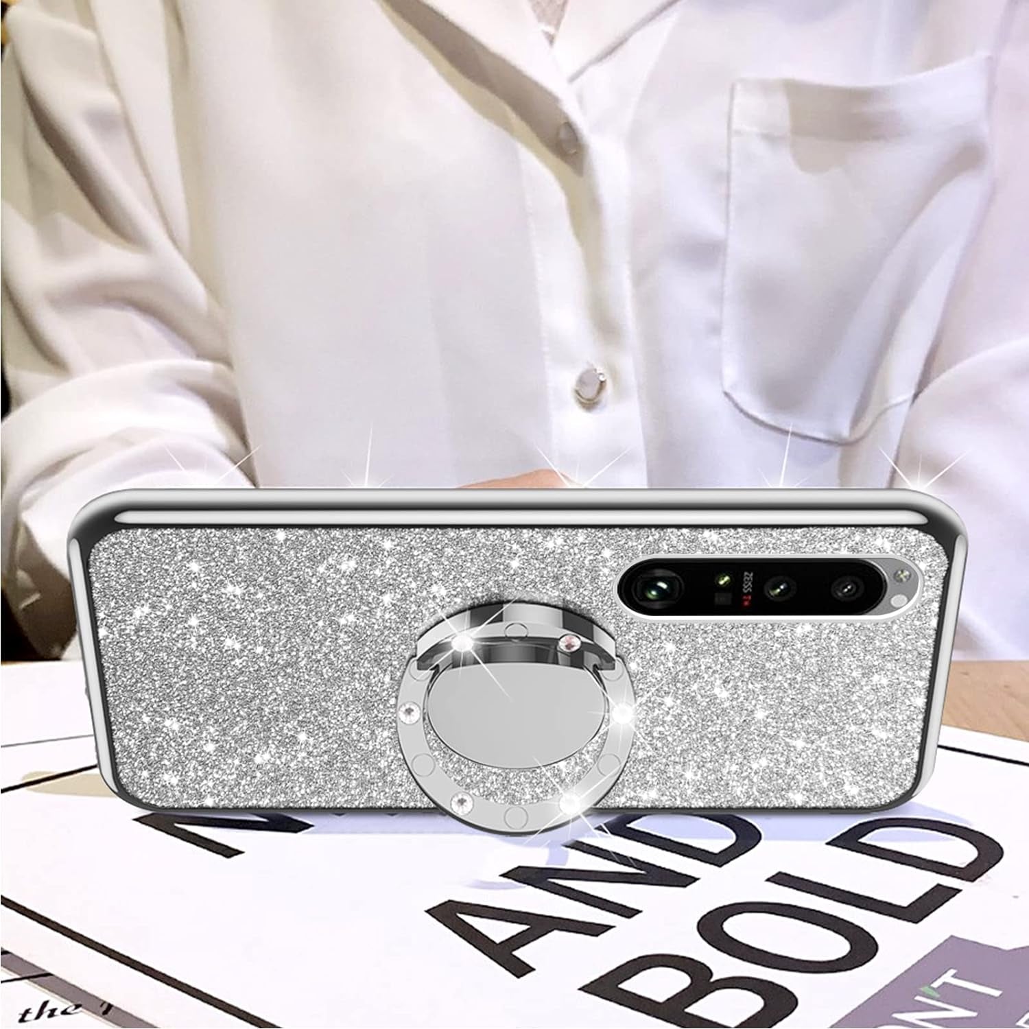 Nancheng for Xperia 1 III Case Girls Women Cute Glitter Silicone Sparkly Slim Cover with Ring Stand & Strap Shockproof Drop Full-Body Protection Case for Sony Xperia 1 III (2021) - Silver  nancheng   