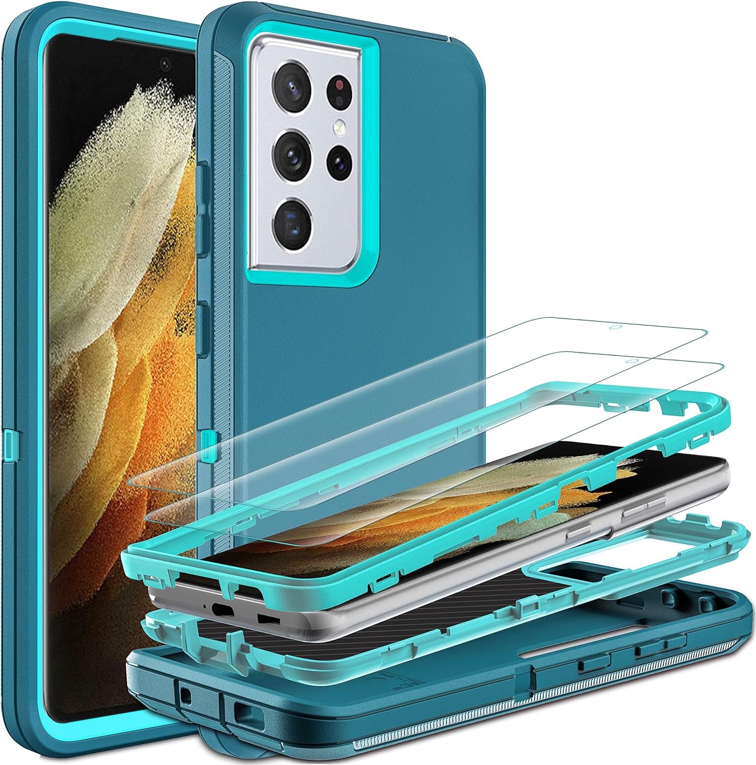 HONG-AMY for S21 Ultra Case, Samsung Galaxy S21 Ultra Case with Self Healing Flexible TPU Screen Protector[2 Pack], Military Grade Invisible Kickstand Phone Case for Galaxy S21 Ultra 5G-Green  HONG-AMY Blue/Turquoise  