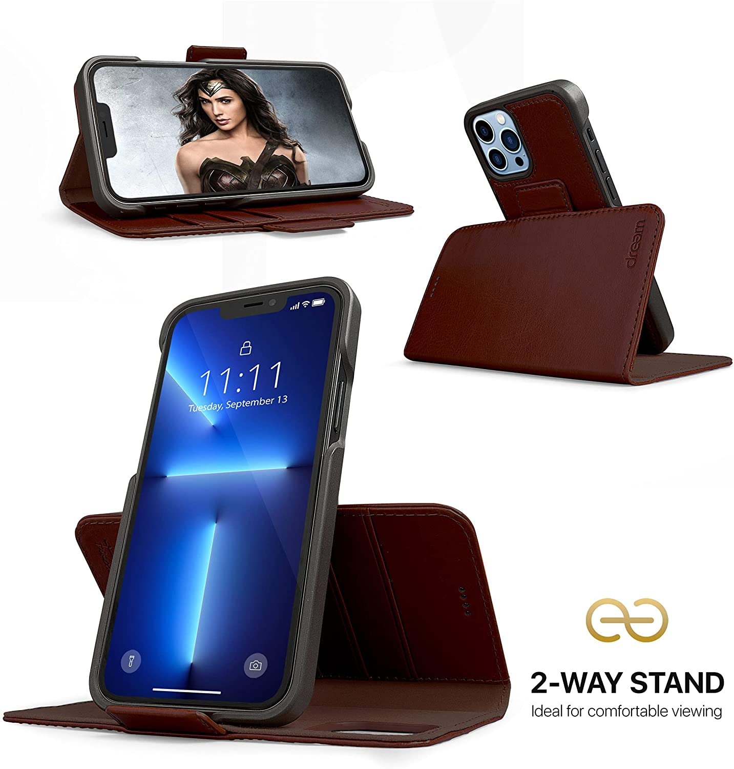 Dreem Fibonacci 2-In-1 Wallet Case for Apple Iphone 13 Pro Max - Luxury Vegan Leather, Magnetic Detachable Shockproof Phone Case, RFID Card Protection, Magsafe Compatible - Coffee  Dreem   