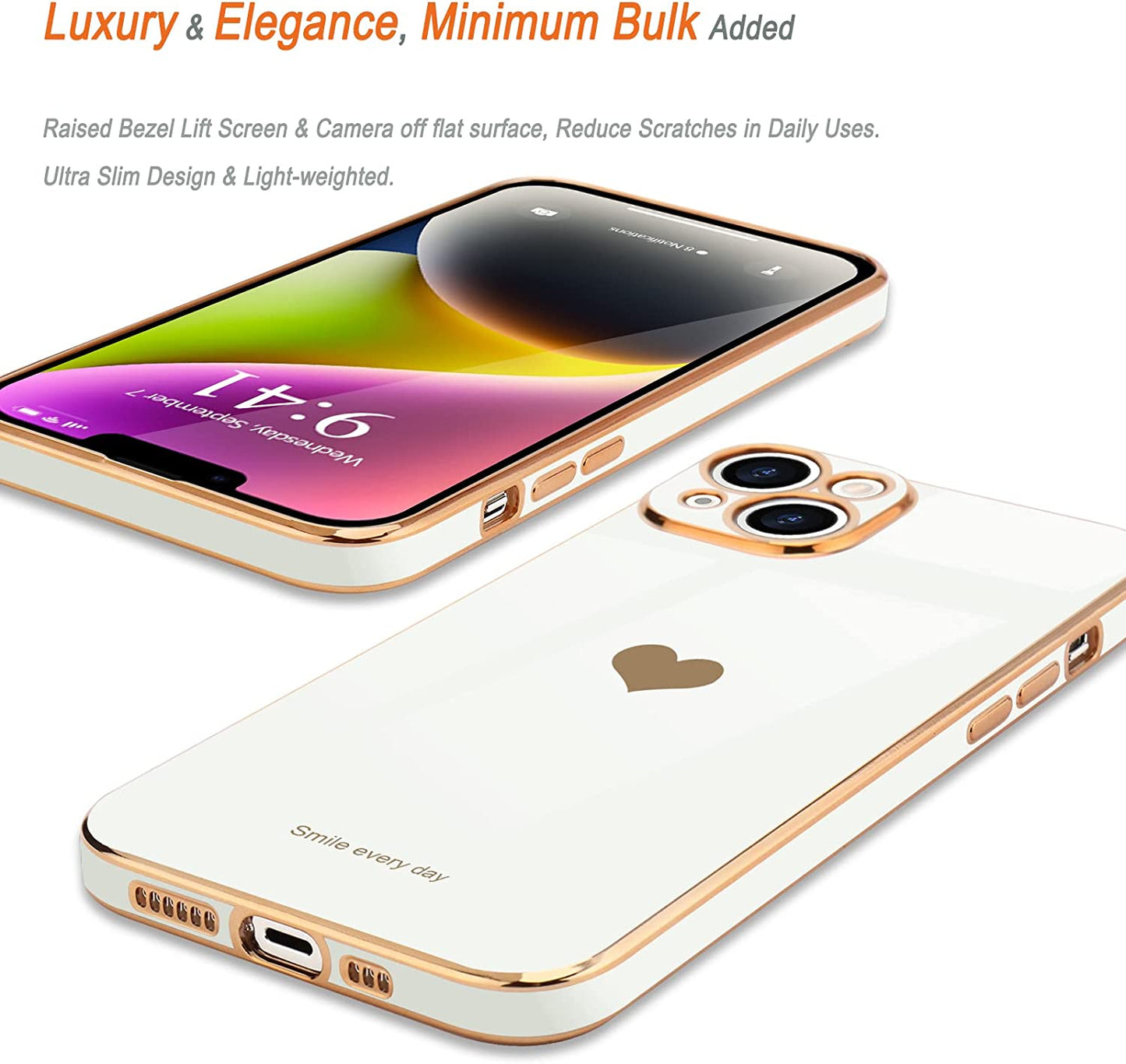 Teageo for Iphone 14 Case for Women Girl Cute Love Heart Luxury Electroplate Plating Soft Bling Back Cover Raised Full Camera Protection Bumper Silicone Shockproof Phone Case for Iphone 14, White  janzee   