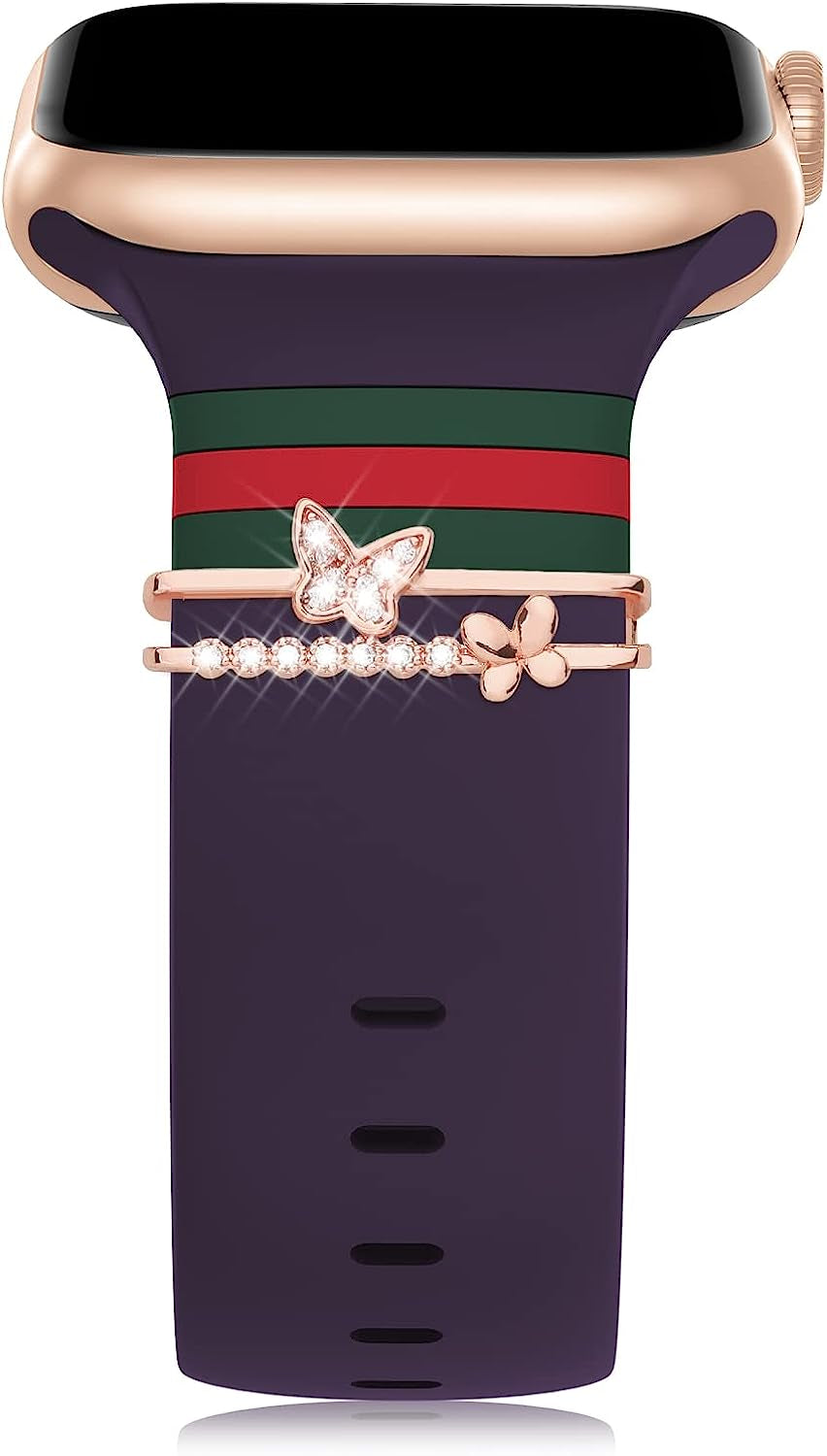 Designer Bands with Charms Decor Compatible with Apple Watch Band 38Mm 40Mm 41Mm 42Mm 44Mm 45Mm 49Mm for Women, Stylish Soft Silicone Sport Strap for Apple Watch Ultra Iwatch Series 8 SE 7 6 5 4 3 2 1  Seizehe Deep Purple/Army Green/Red & Double Butterfly 38mm/40mm/41mm 