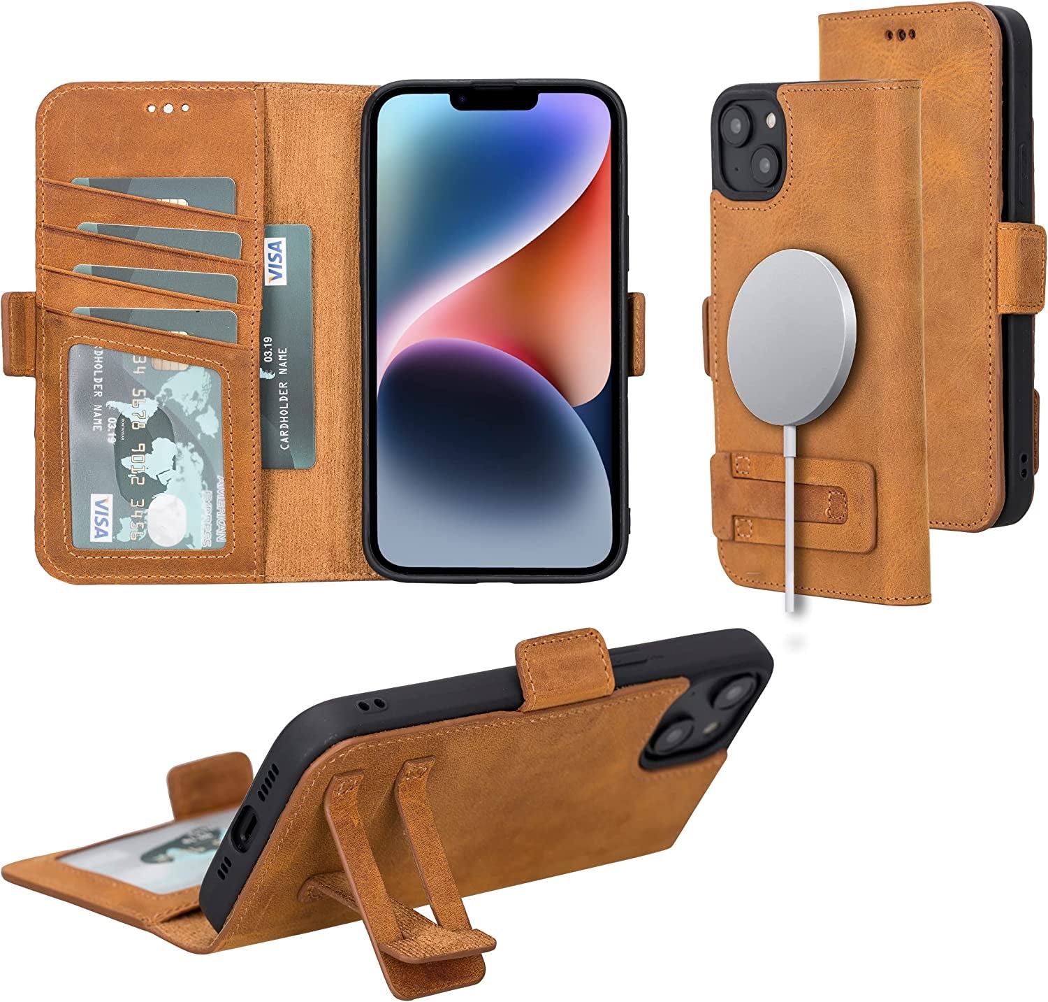 Bayelon Leather Wallet Case for Iphone 14 Pro Max - Flip Cover Card Holder Slots, Iphone 14 Pro Max Case Compatible with Apple Magsafe, Full Grain Leather Folio Case, Kickstand Function (A. Camel)  Bayelon Antique Camel (14 Plus) iPhone 14 Plus (6.7") 