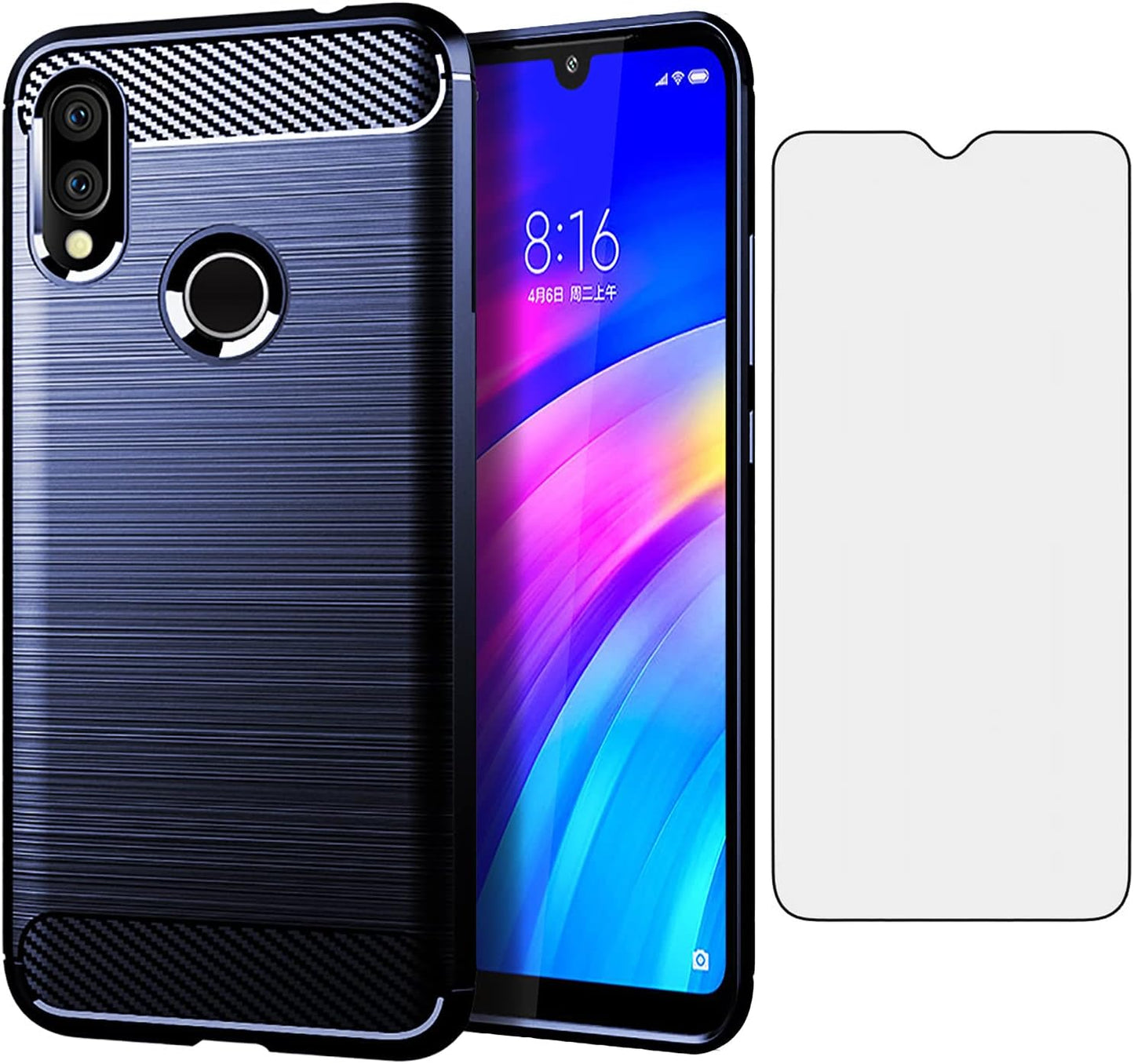 Asuwish Phone Case for Xiaomi Redmi 7/Y3 with Tempered Glass Screen Protector Cover and Cell Accessories Soft Silicone Slim Rubber Full Body Protective Redmi7 Redmiy3 Women Men Carbon Fiber Navy Black  Asuwish Navy Blue  