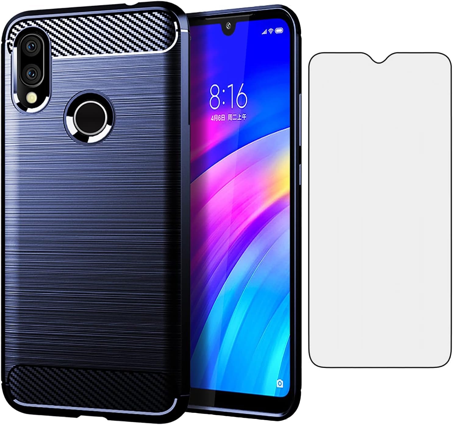 Asuwish Phone Case for Xiaomi Redmi 7/Y3 with Tempered Glass Screen Protector Cover and Cell Accessories Soft Silicone Slim Rubber Full Body Protective Redmi7 Redmiy3 Women Men Carbon Fiber Navy Black  Asuwish Navy Blue  