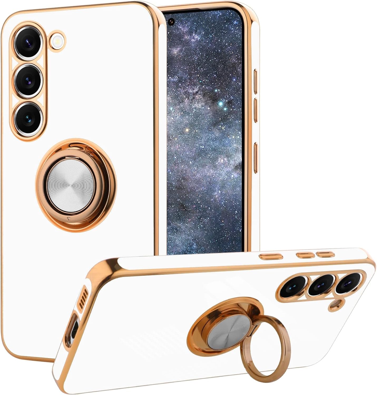 KANGHAR Compatible with Samsung Galaxy S23 5G Case for Women Girls, Plating Built-In 360 Rotation Magnetic Ring Kickstand Holder Soft Slim Shockproof Bumper Protective Cover (Blue)  KANGHAR White Samsung Galaxy S23 Plus 