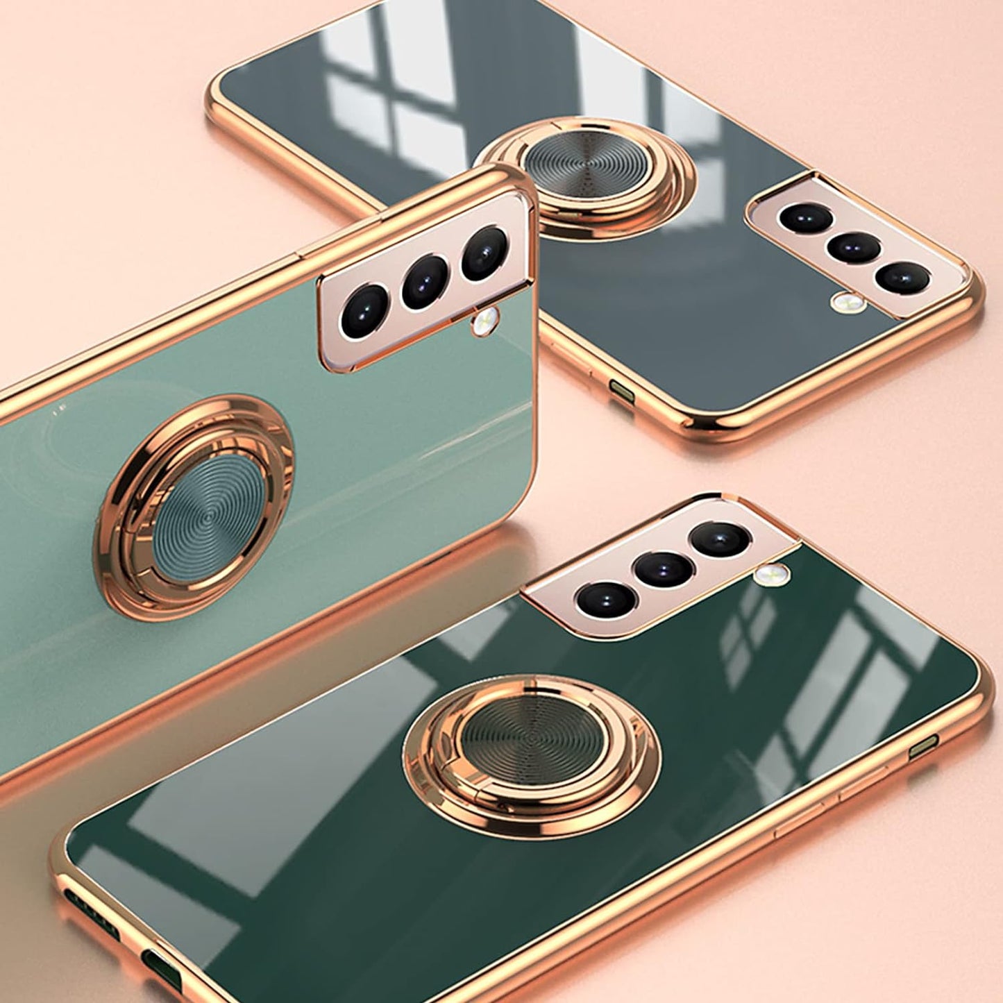 Aowner for Samsung Galaxy S21 Ultra Ring Holder Case Shiny Plating Rose Gold Edge 360 Degree Rotation Kickstand for Women Girls Slim Soft Flexible TPU Protective Cover Case, 6.8 Inch, Teal  aowner   