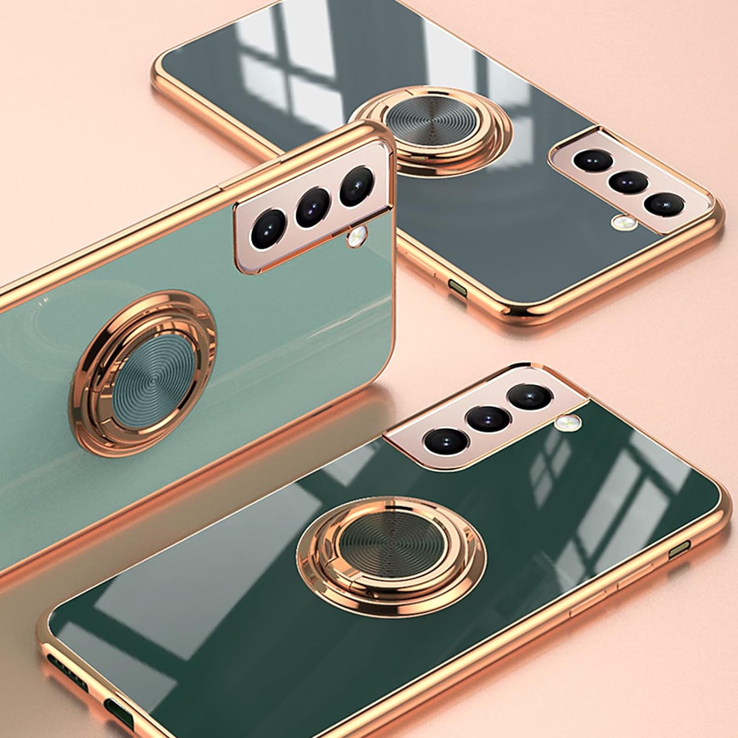 Aowner for Samsung Galaxy S21 Ultra Ring Holder Case Shiny Plating Rose Gold Edge 360 Degree Rotation Kickstand for Women Girls Slim Soft Flexible TPU Protective Cover Case, 6.8 Inch, Teal  aowner   