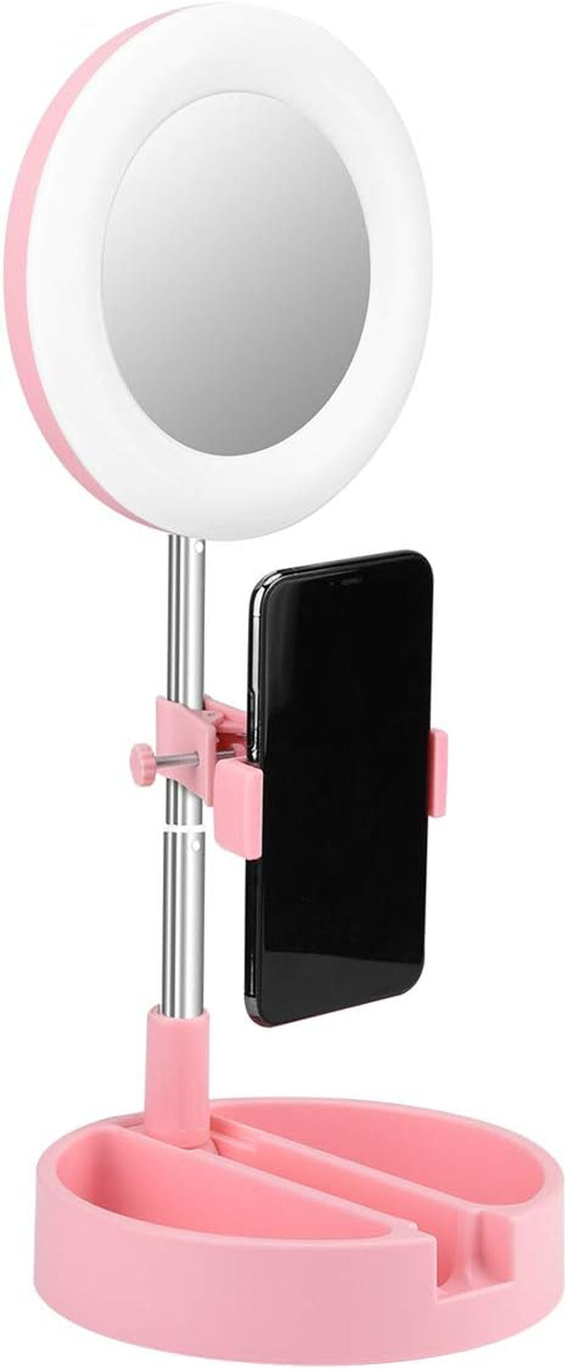 Portable Multi-Functional 6.3" Dimmable LED Selfie Continuous Video Halo Ring Light Zoom Live Stream Phone Holder Stand with Makeup Vanity Mirror Foldable Online Meeting Table Lamp (Pink)  Regal Signature   