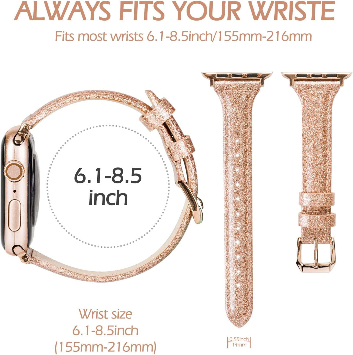 Wearlizer Rose Gold Leather Compatible with Apple Watch Leather Bands 38Mm 40Mm 41Mm Womens for Iwatch Series 8 7 6 5 4 3 2 1 SE Shiny Slim Smooth Wristband Bling Glitter Strap (Gold Clasp)  Wearlizer   