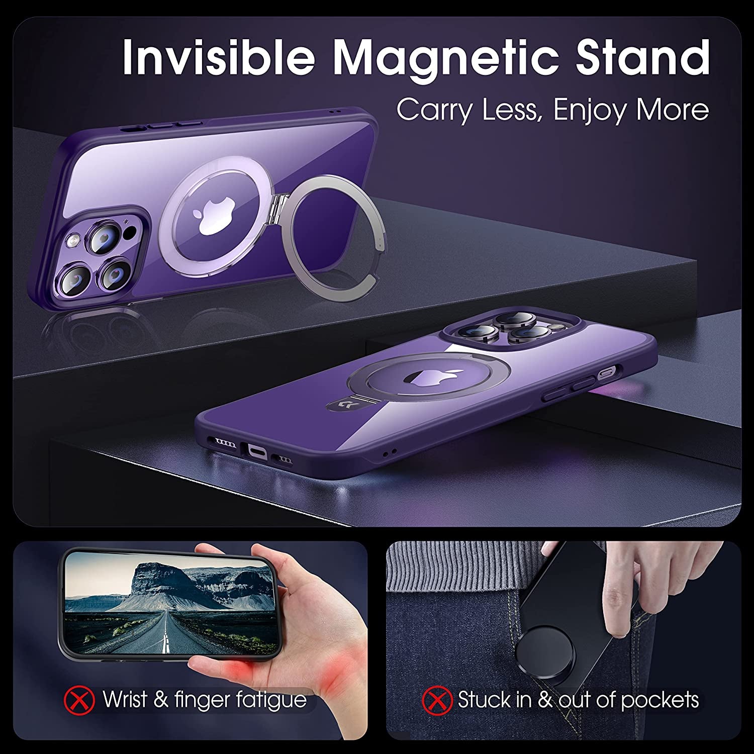 CASEKOO Magnetic Clear for Iphone 14 Pro Case with Invisible Stand [Compatible with Magsafe] [Non Yellowing] Shockproof Protective Slim Ring Holder for Women Men Phone Case 6.1 Inch 2022, Purple  CASEKOO   
