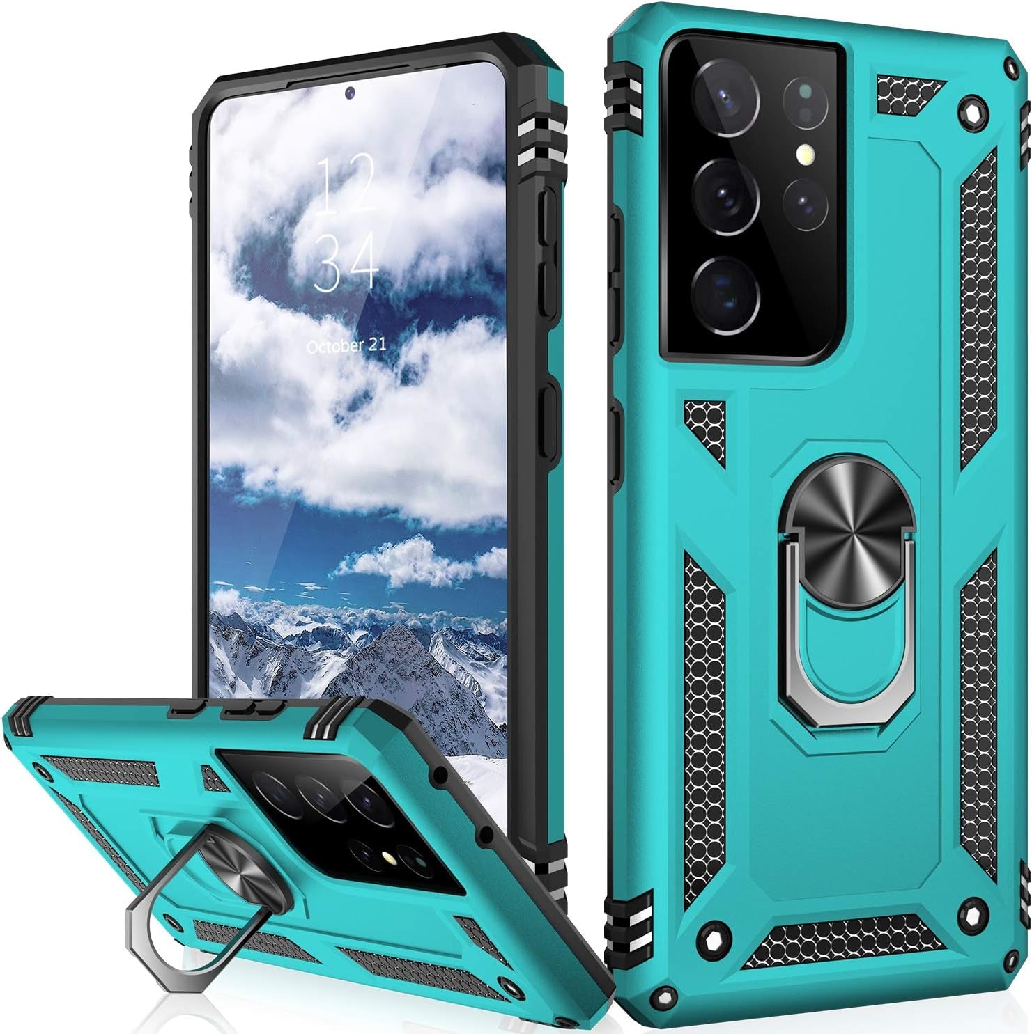 IKAZZ Galaxy S21 Ultra Case,Samsung S21 Ultra Cover Military Grade Shockproof Heavy Duty Protective Phone Case Pass 16Ft Drop Test with Magnetic Kickstand for Samsung Galaxy S21 Ultra Purple  IKAZZ Turquoise Galaxy S21 Ultra (Large 6.8") 