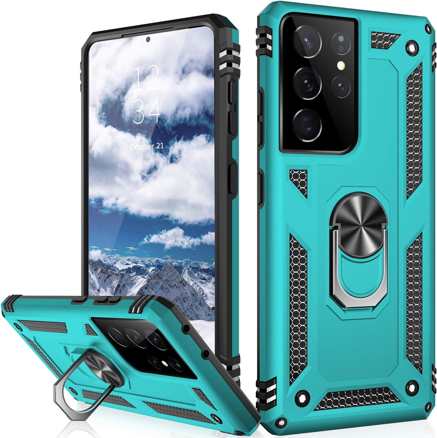 IKAZZ Galaxy S21 Case,Samsung S21 Cover Military Grade Shockproof Heavy Duty Protective Phone Case Pass 16Ft Drop Test with Magnetic Kickstand Car Mount Holder for Samsung Galaxy S21 Black  IKAZZ Turquoise Galaxy S21 Ultra (Large 6.8") 
